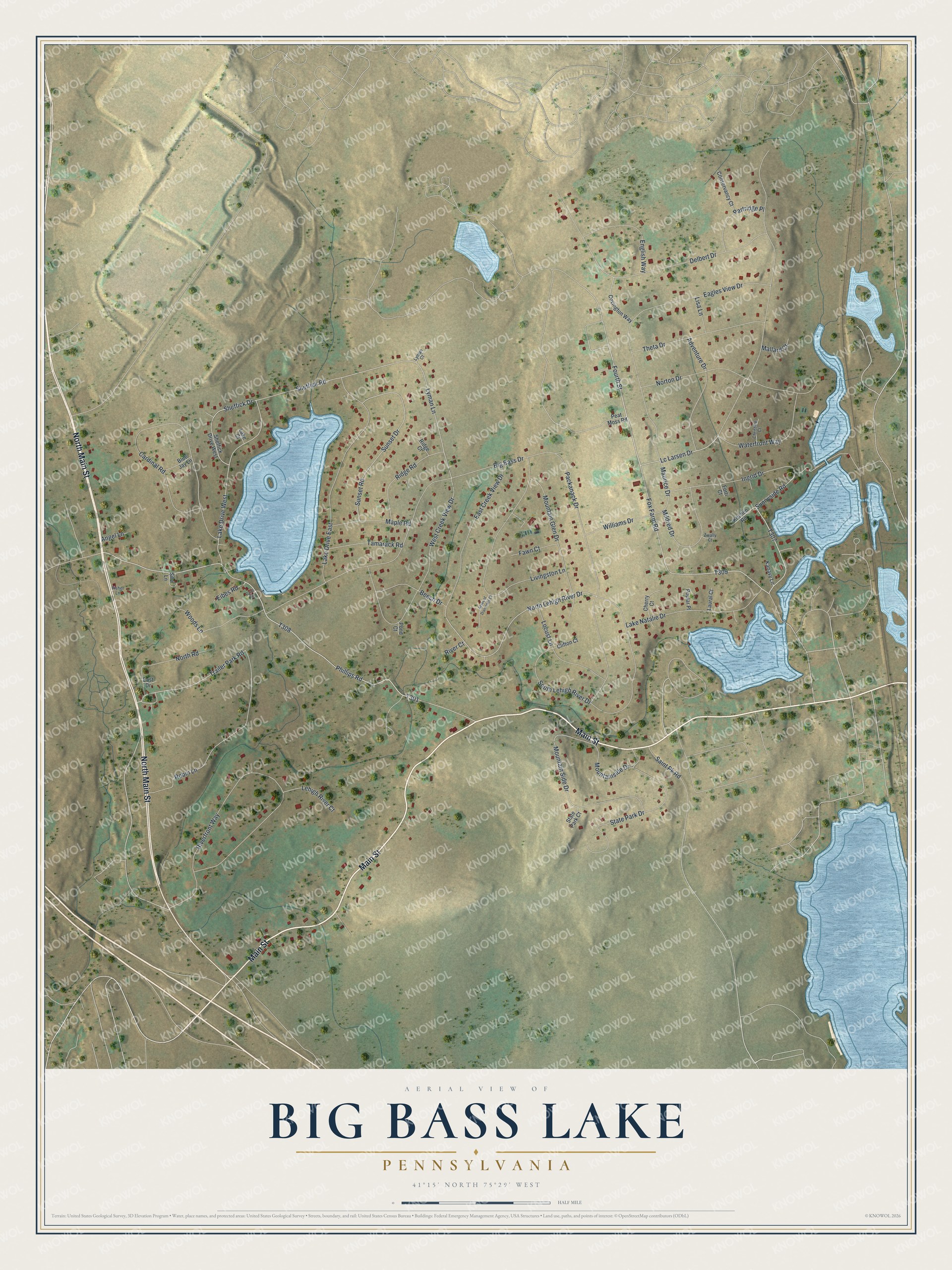 Full map of Big Bass Lake, Pennsylvania, with red buildings, printed street names and the land around them