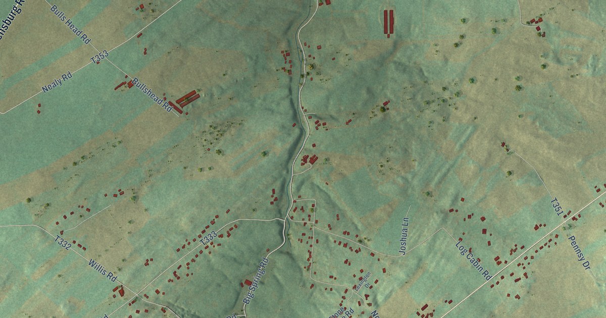 Close-up of streets and buildings in Big Spring, Pennsylvania