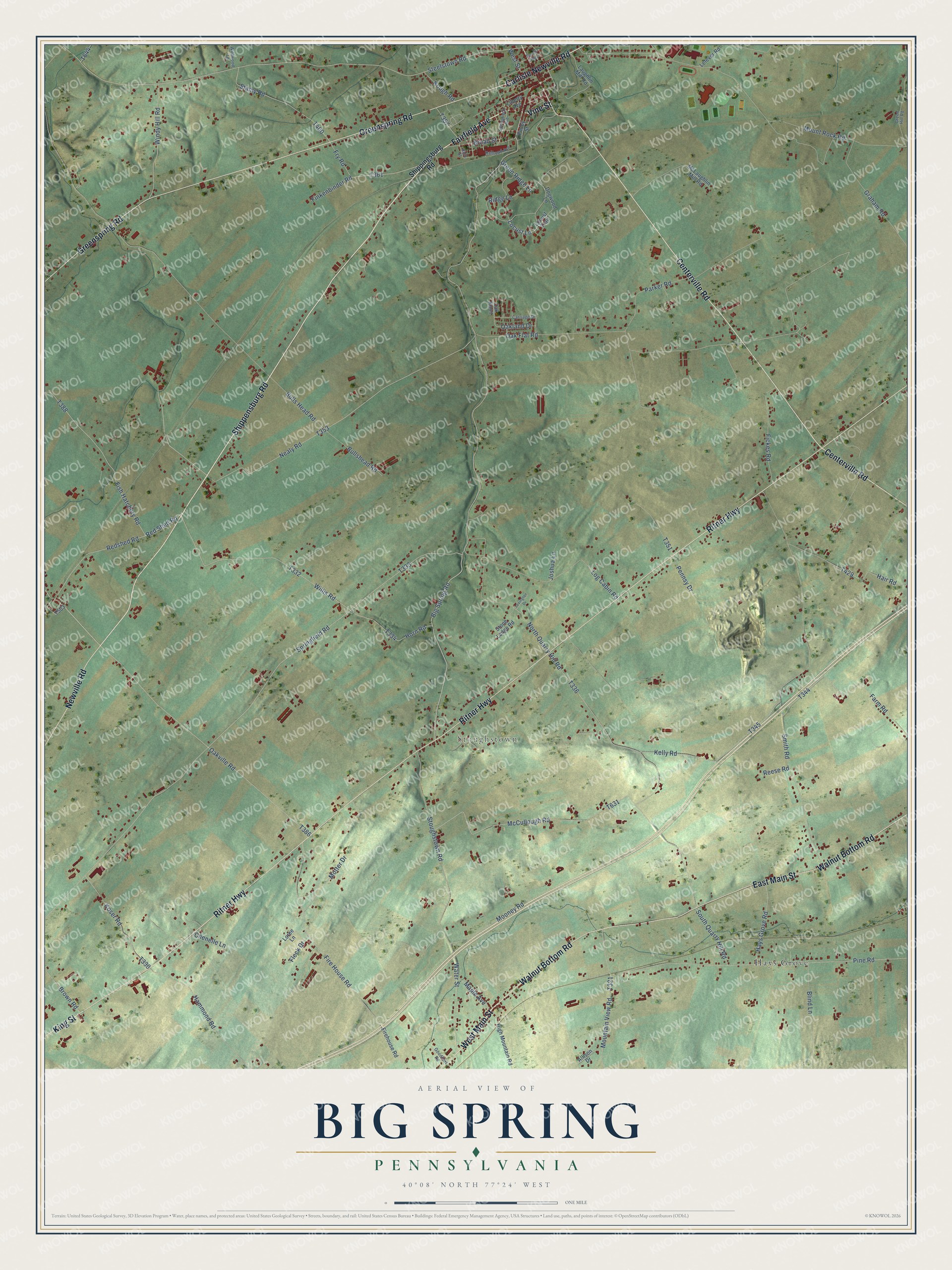 Full map of Big Spring, Pennsylvania, with red buildings, printed street names and the land around them