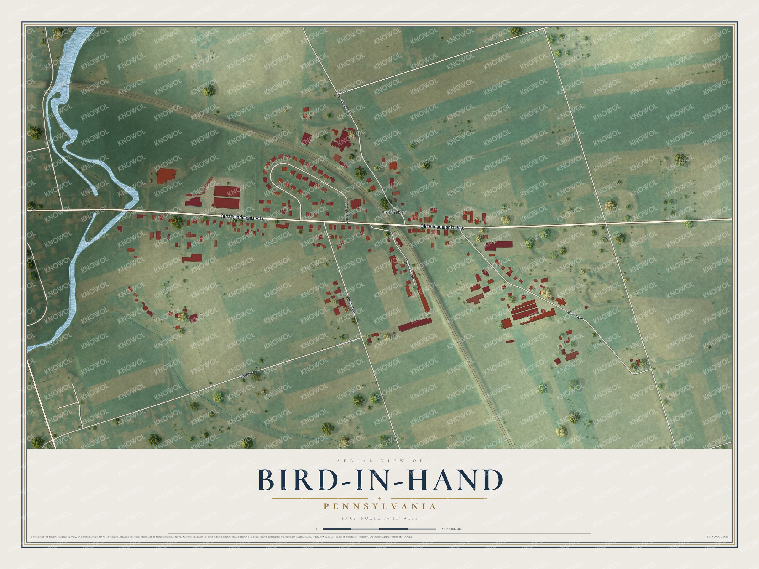 Full map of Bird-in-Hand, Pennsylvania, with red buildings, printed street names and the land around them
