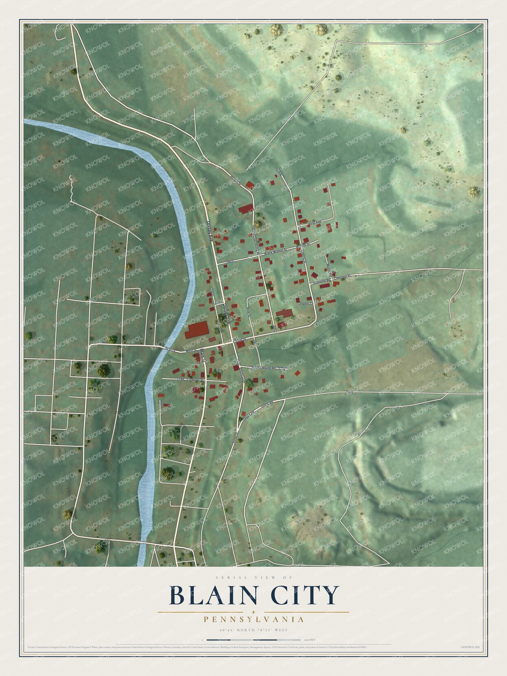 Full map of Blain City, Pennsylvania, with red buildings, printed street names and the land around them