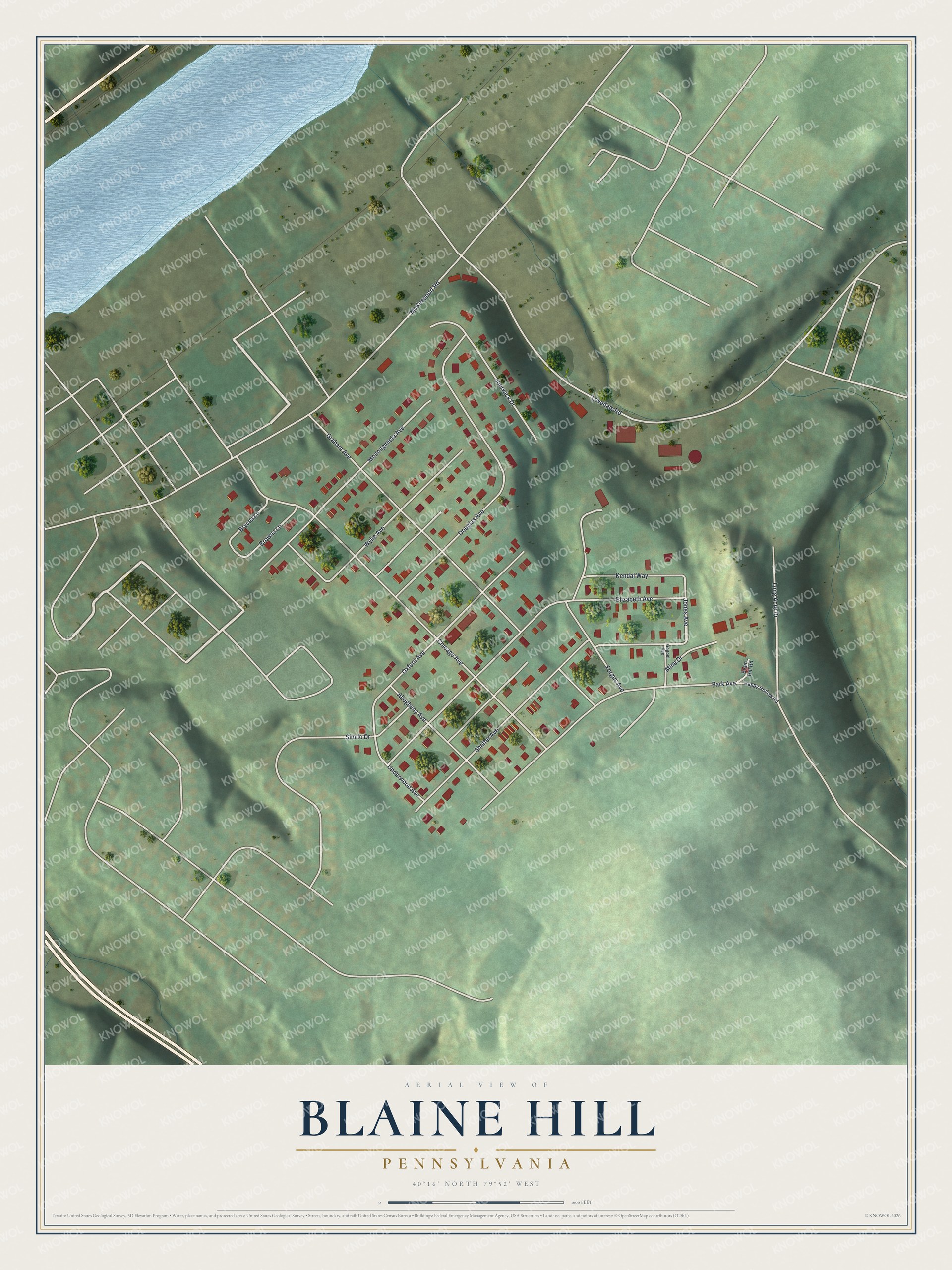 Full map of Blaine Hill, Pennsylvania, with red buildings, printed street names and the land around them