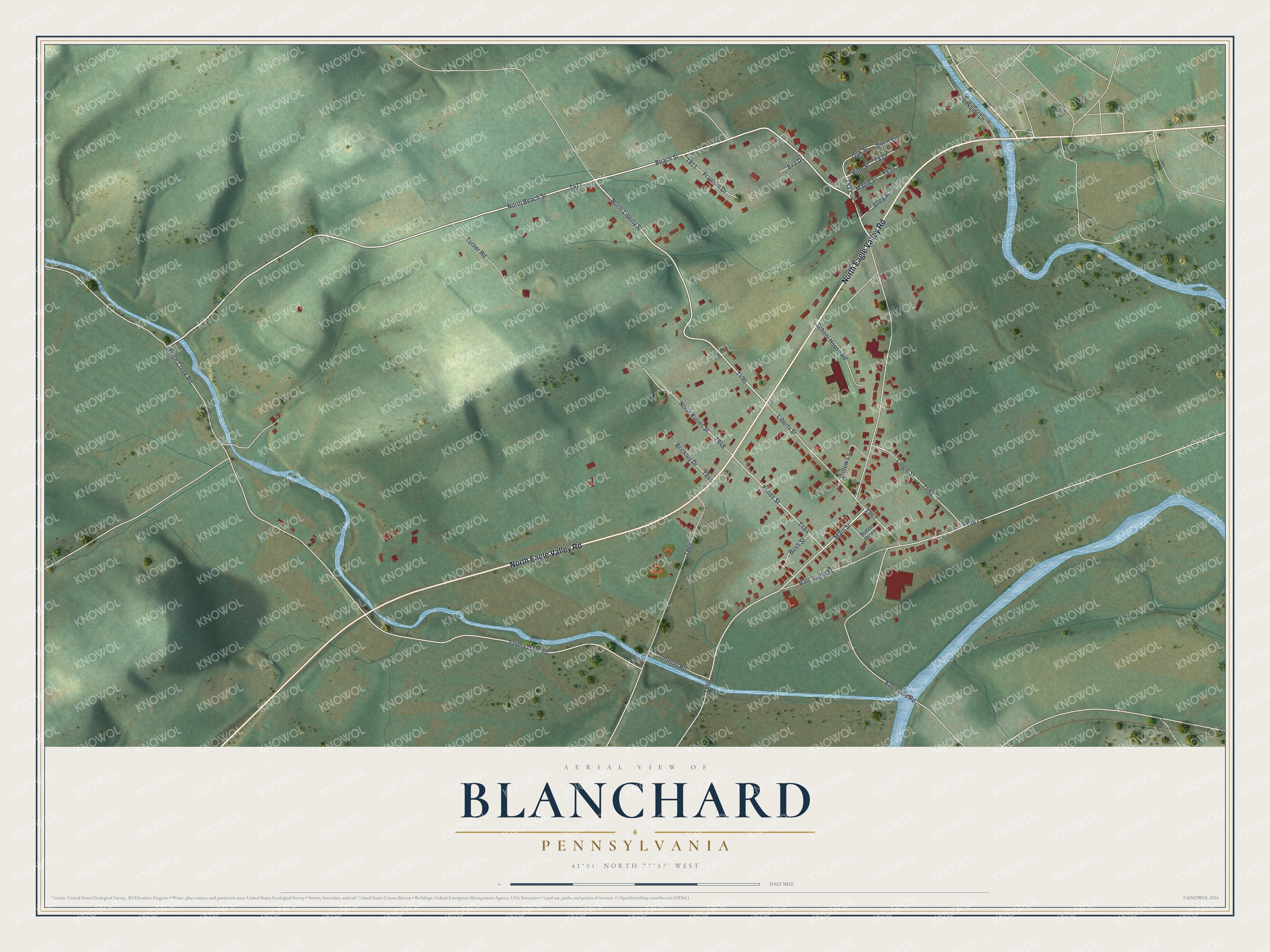 Full map of Blanchard, Pennsylvania, with red buildings, printed street names and the land around them