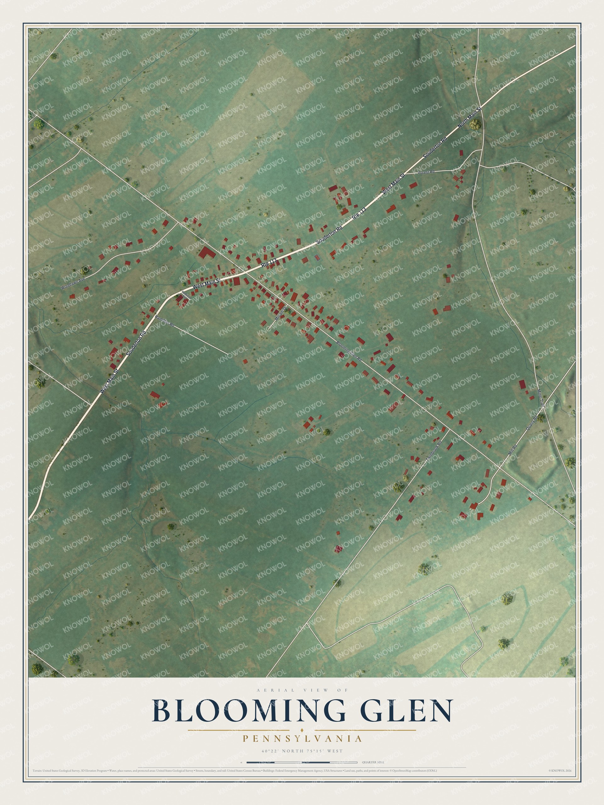 Full map of Blooming Glen, Pennsylvania, with red buildings, printed street names and the land around them