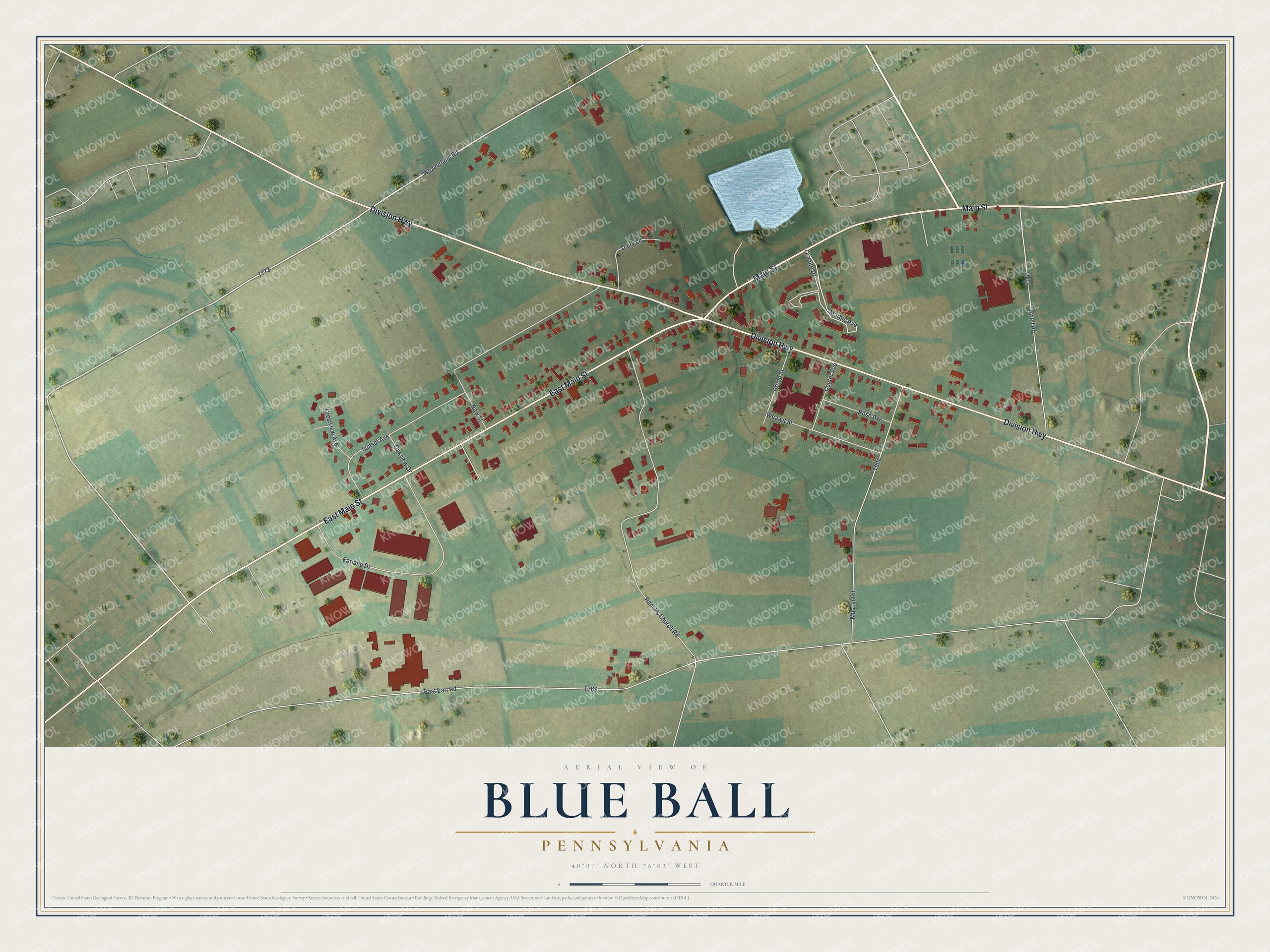 Full map of Blue Ball, Pennsylvania, with red buildings, printed street names and the land around them