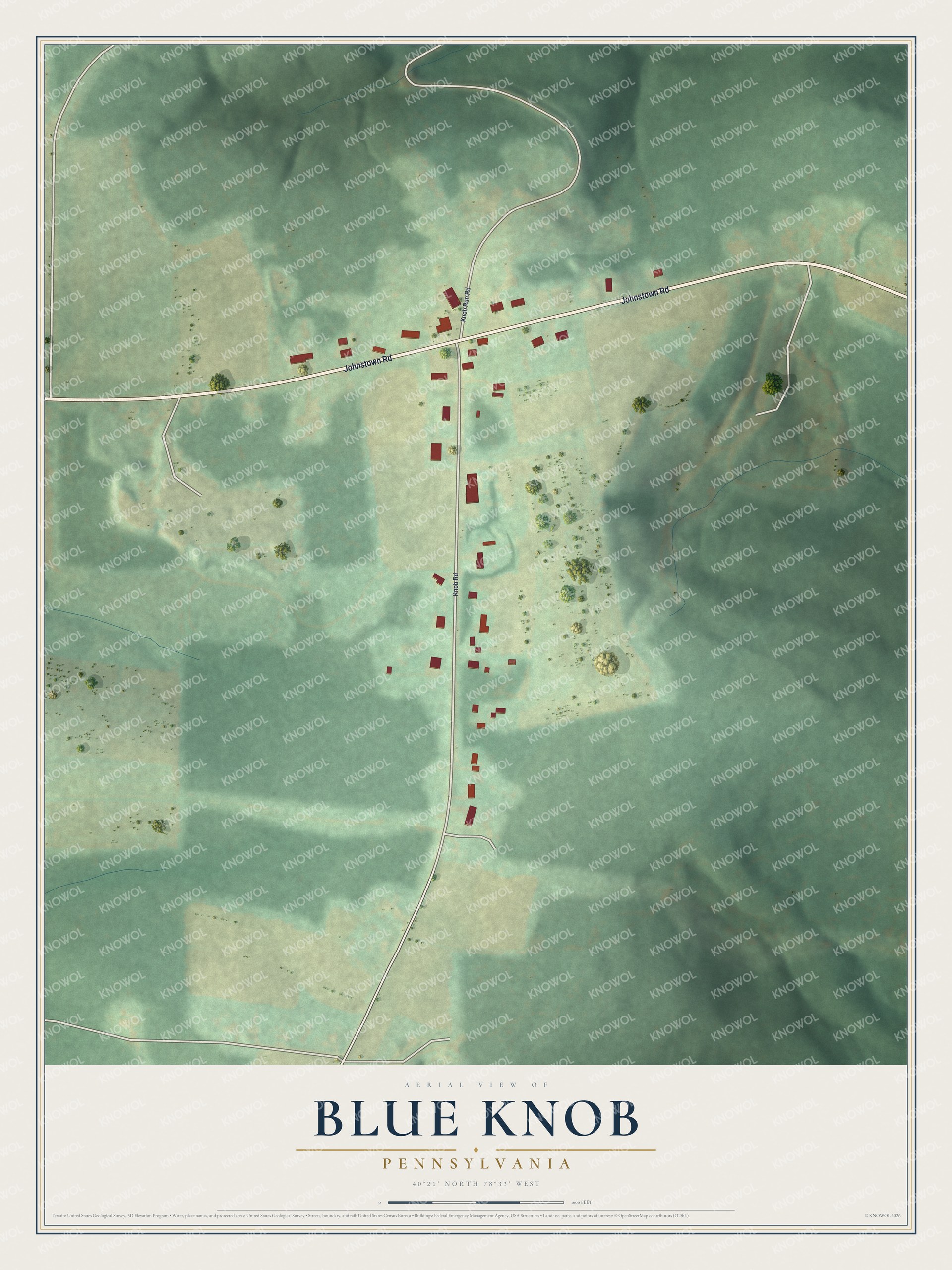 Full map of Blue Knob, Pennsylvania, with red buildings, printed street names and the land around them