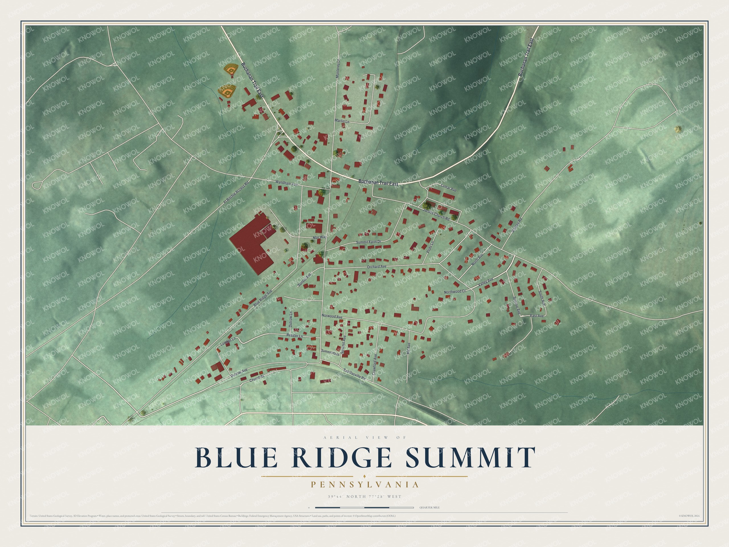 Full map of Blue Ridge Summit, Pennsylvania, with red buildings, printed street names and the land around them