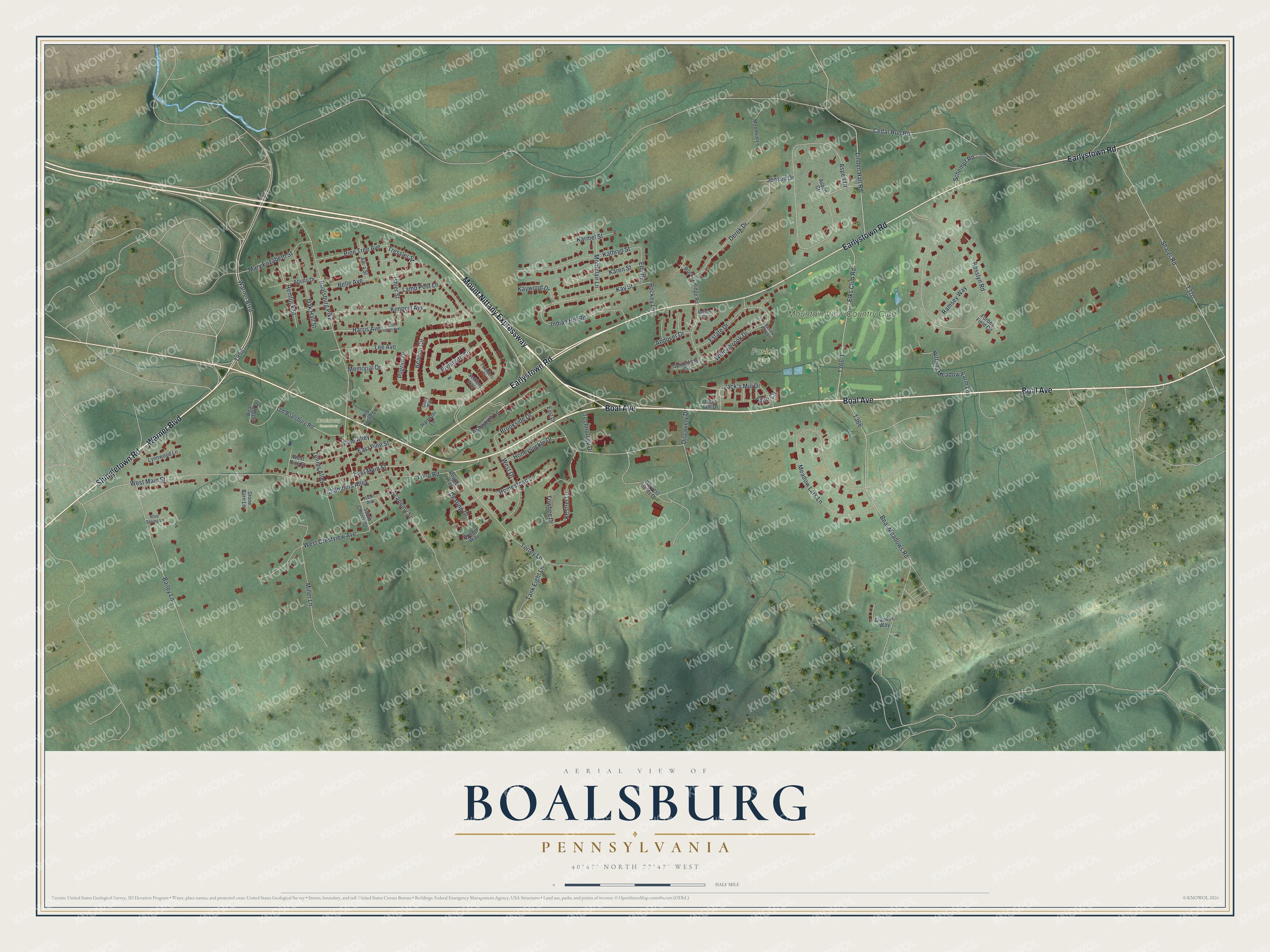 Full map of Boalsburg, Pennsylvania, with red buildings, printed street names and the land around them
