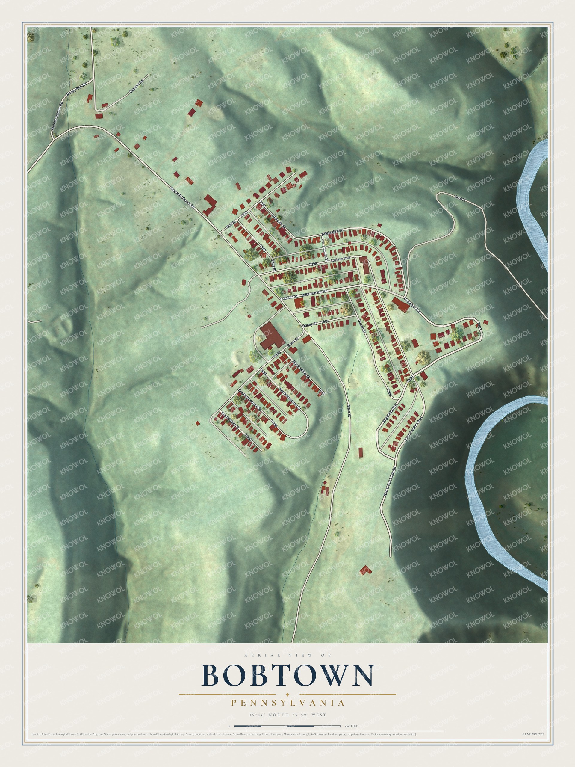 Full map of Bobtown, Pennsylvania, with red buildings, printed street names and the land around them