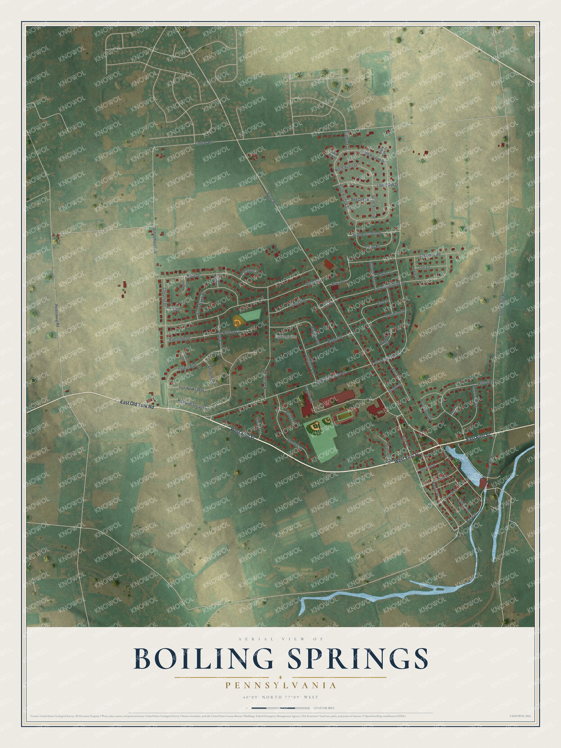 Full map of Boiling Springs, Pennsylvania, with red buildings, printed street names and the land around them