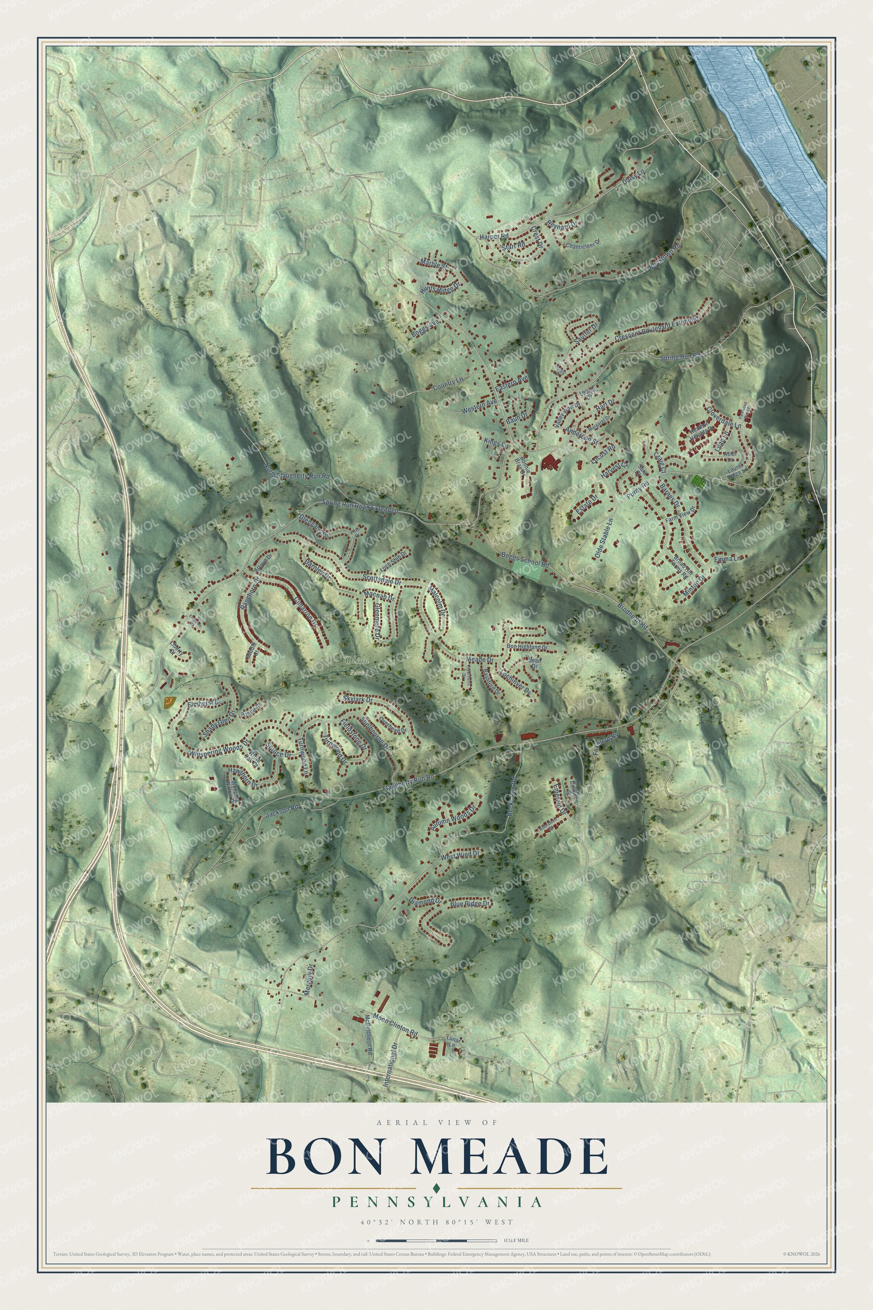 Full map of Bon Meade, Pennsylvania, with red buildings, printed street names and the land around them