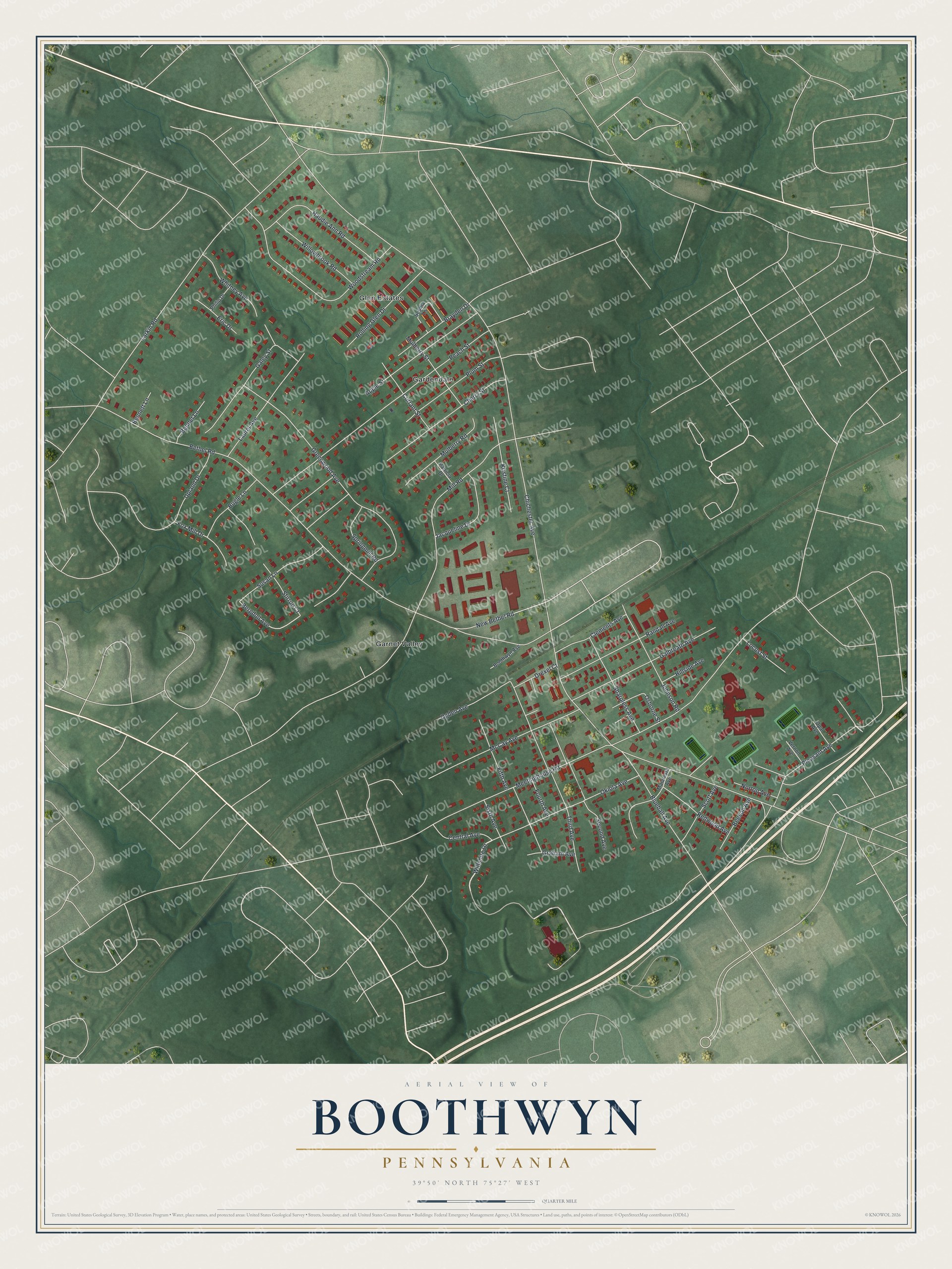 Full map of Boothwyn, Pennsylvania, with red buildings, printed street names and the land around them