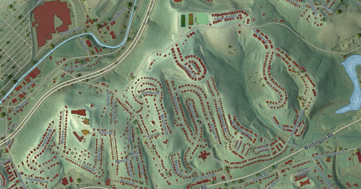 Close-up of streets and buildings in Borland Manor, Pennsylvania