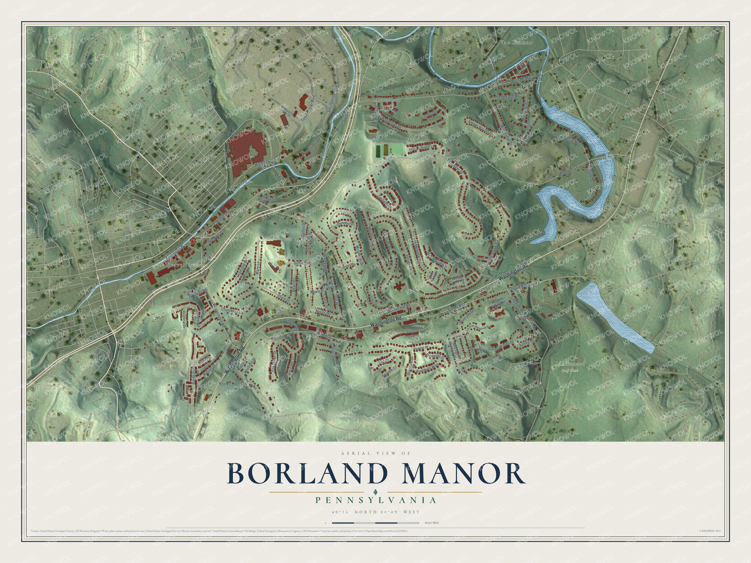 Full map of Borland Manor, Pennsylvania, with red buildings, printed street names and the land around them