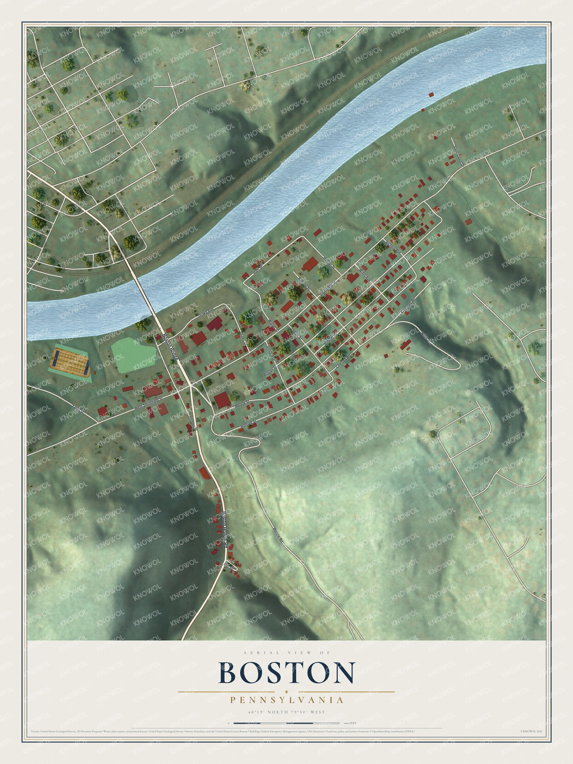 Full map of Boston, Pennsylvania, with red buildings, printed street names and the land around them