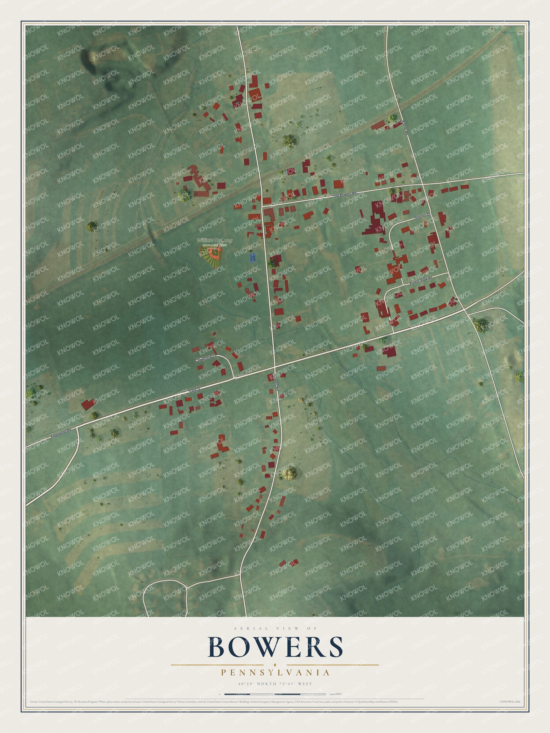Full map of Bowers, Pennsylvania, with red buildings, printed street names and the land around them