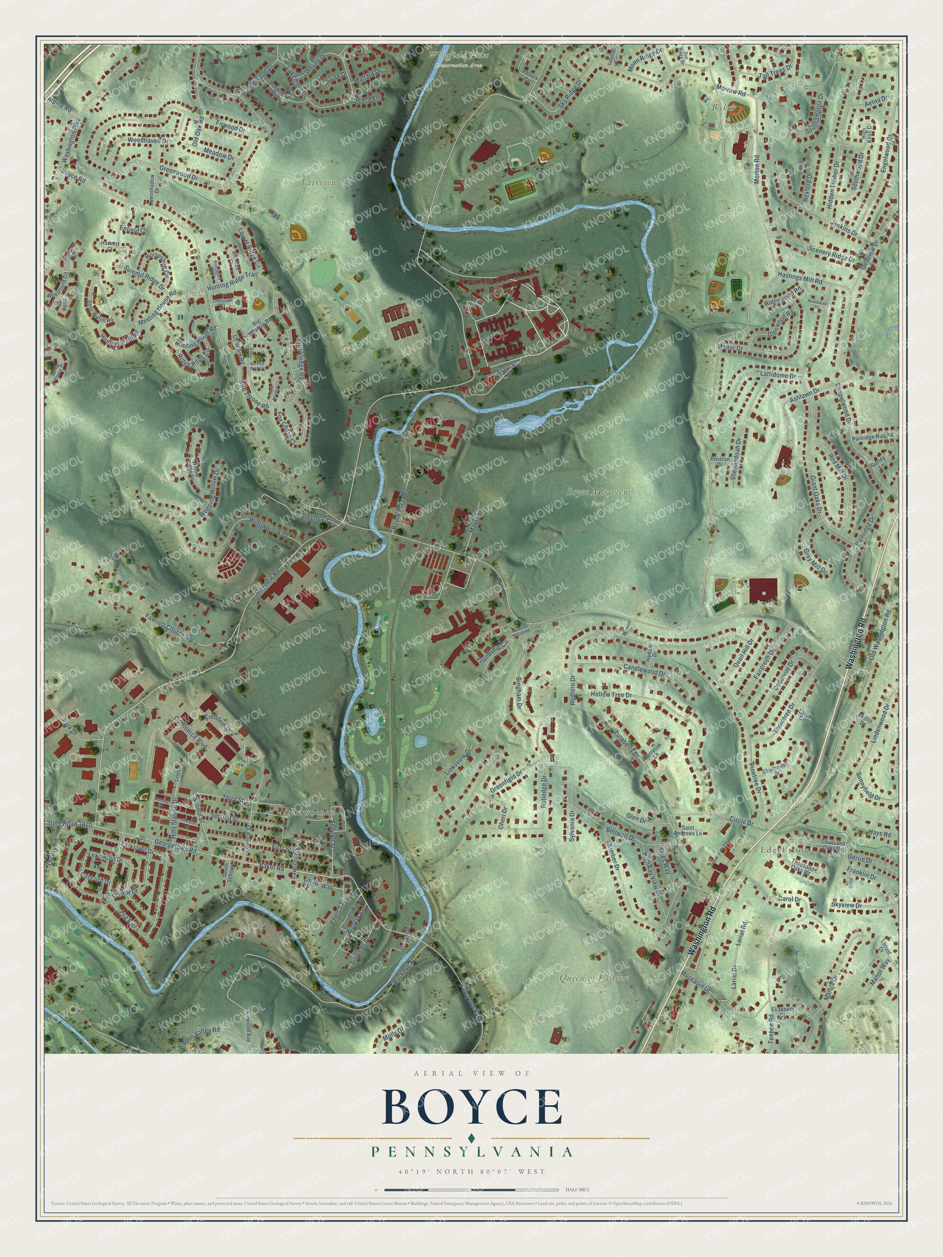 Full map of Boyce, Pennsylvania, with red buildings, printed street names and the land around them
