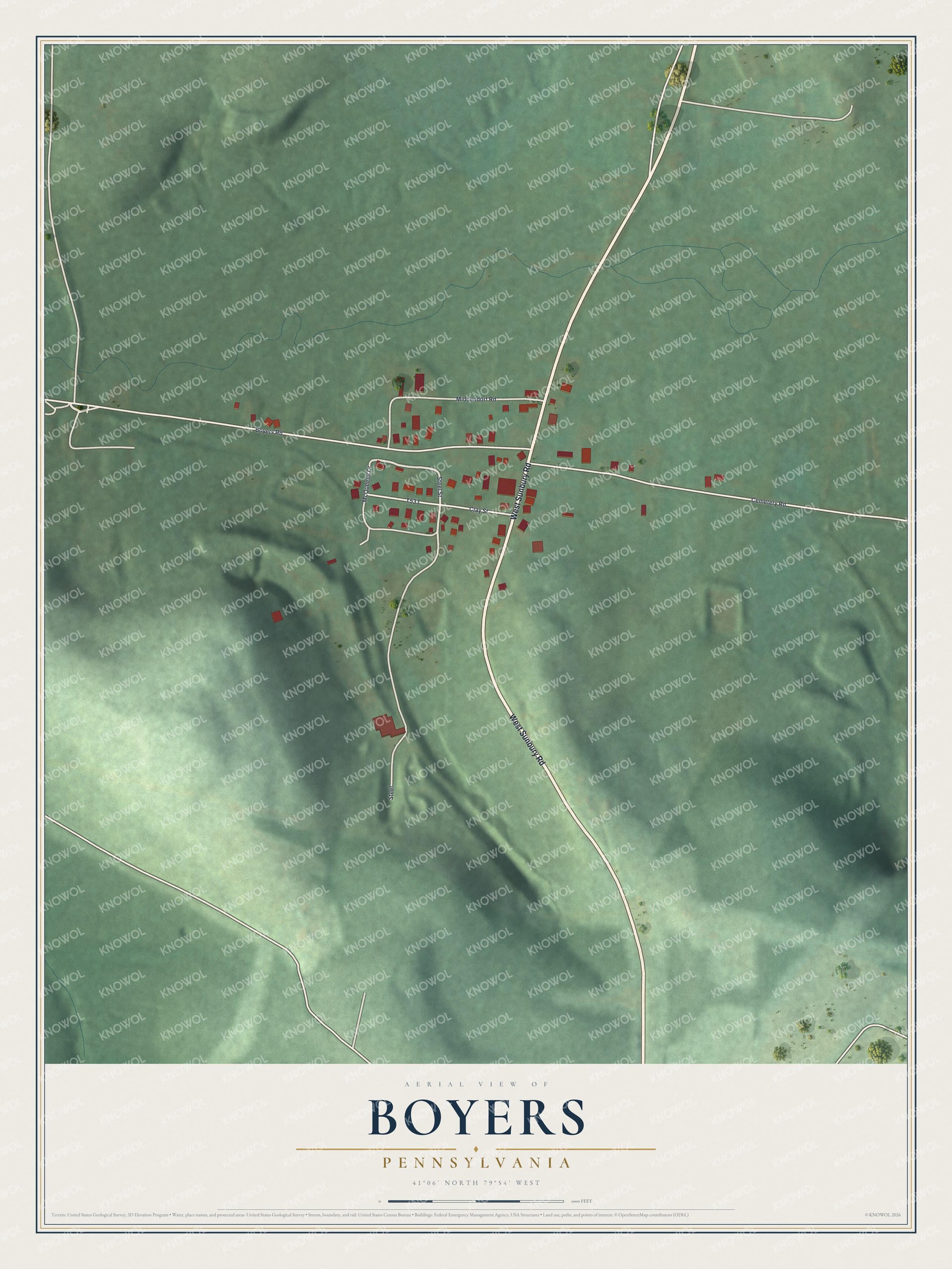 Full map of Boyers, Pennsylvania, with red buildings, printed street names and the land around them