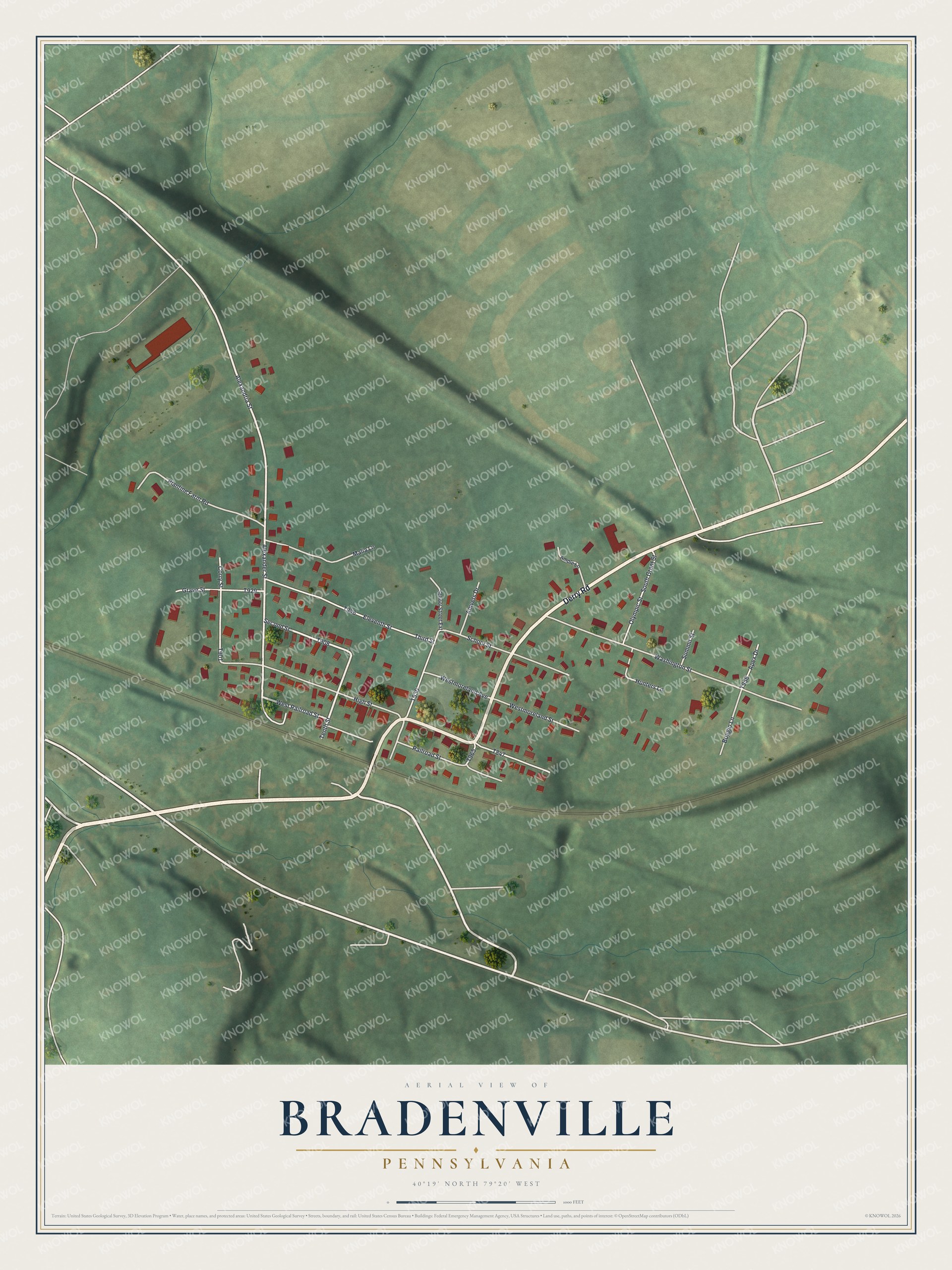 Full map of Bradenville, Pennsylvania, with red buildings, printed street names and the land around them