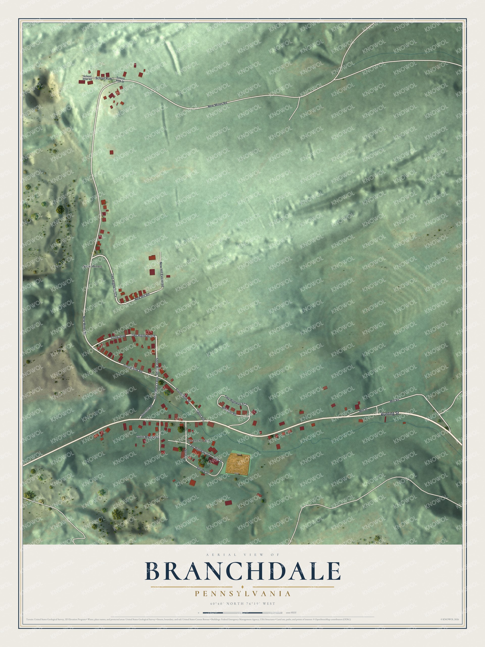 Full map of Branchdale, Pennsylvania, with red buildings, printed street names and the land around them