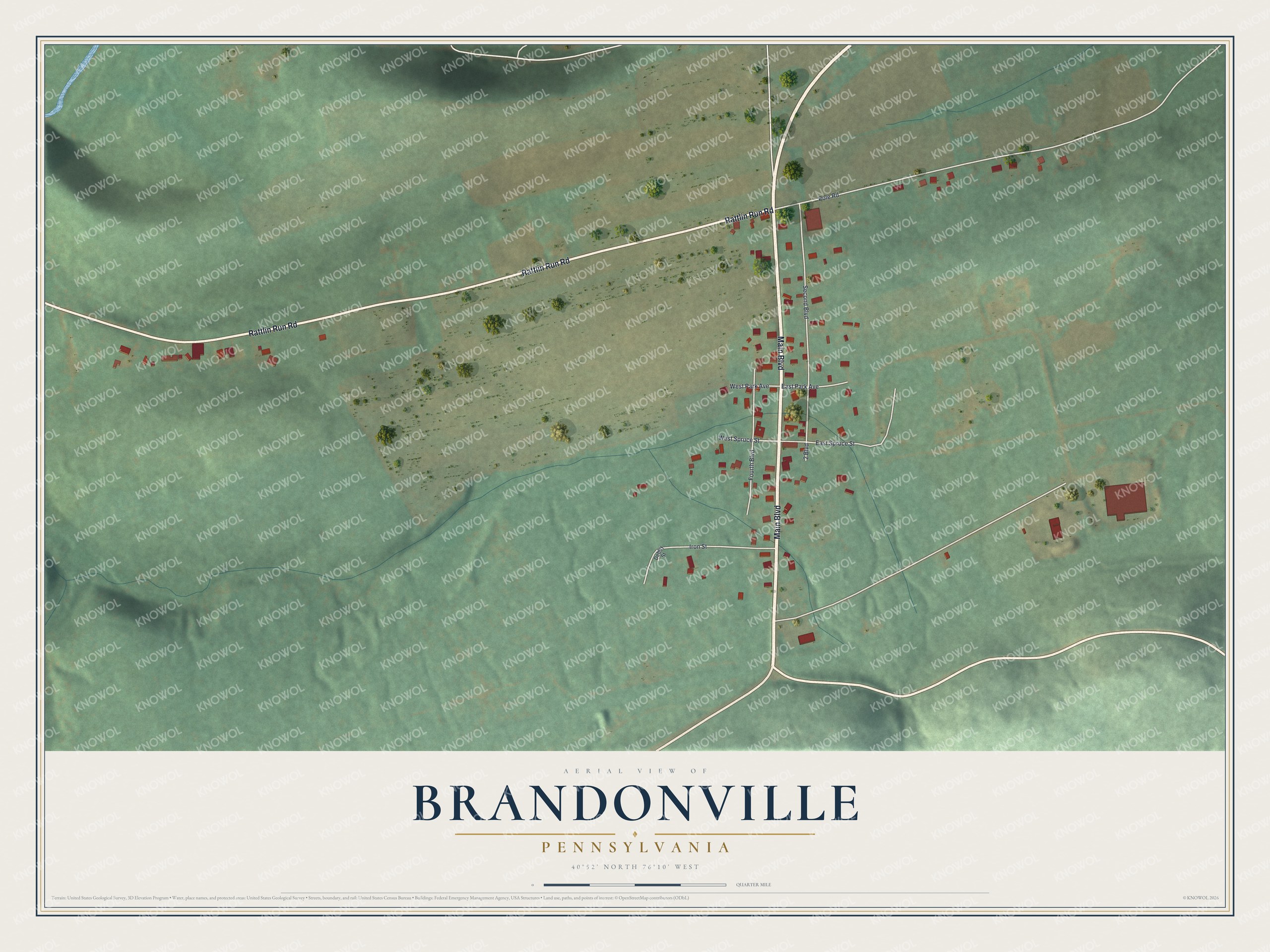 Full map of Brandonville, Pennsylvania, with red buildings, printed street names and the land around them
