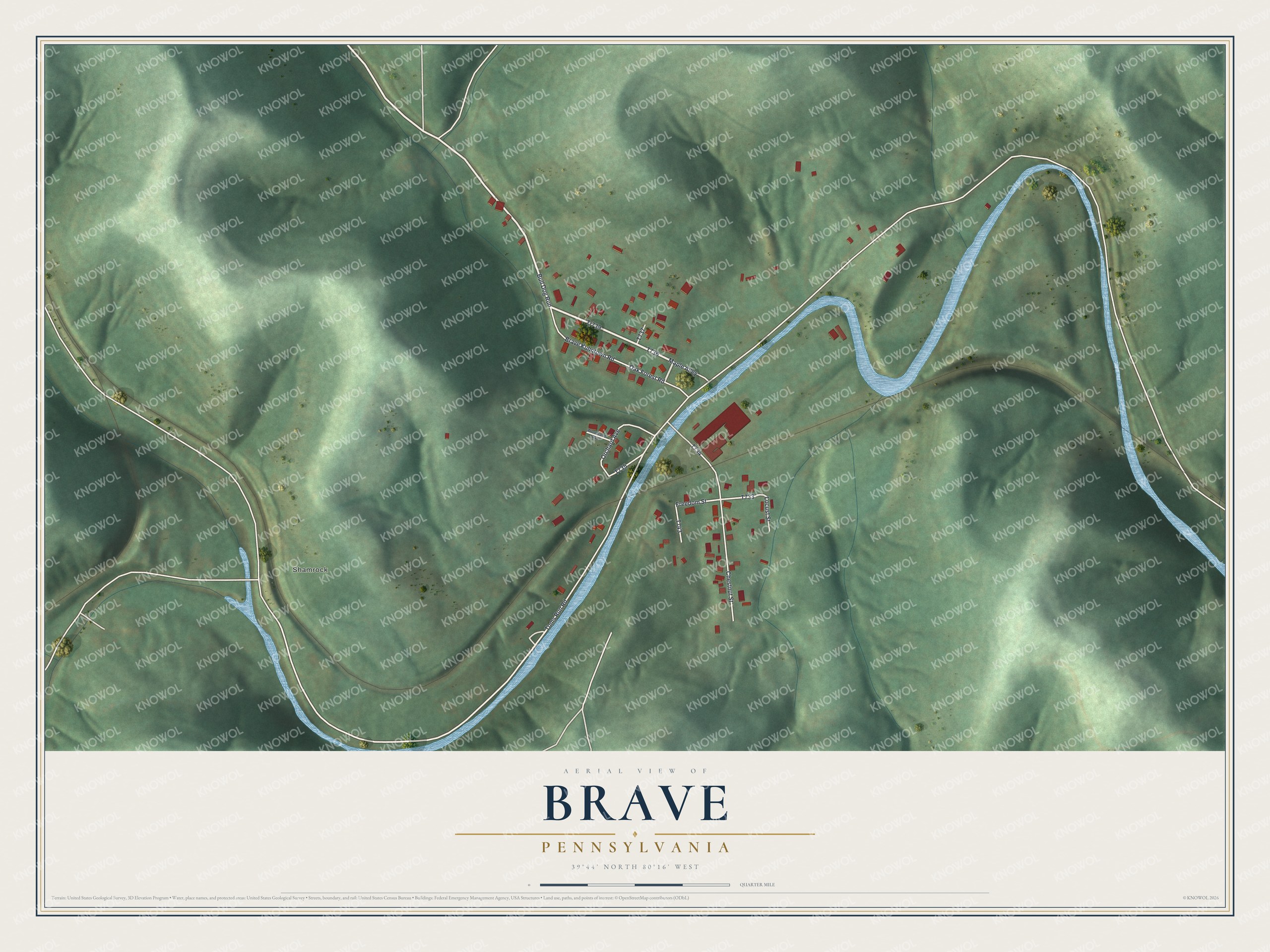 Full map of Brave, Pennsylvania, with red buildings, printed street names and the land around them