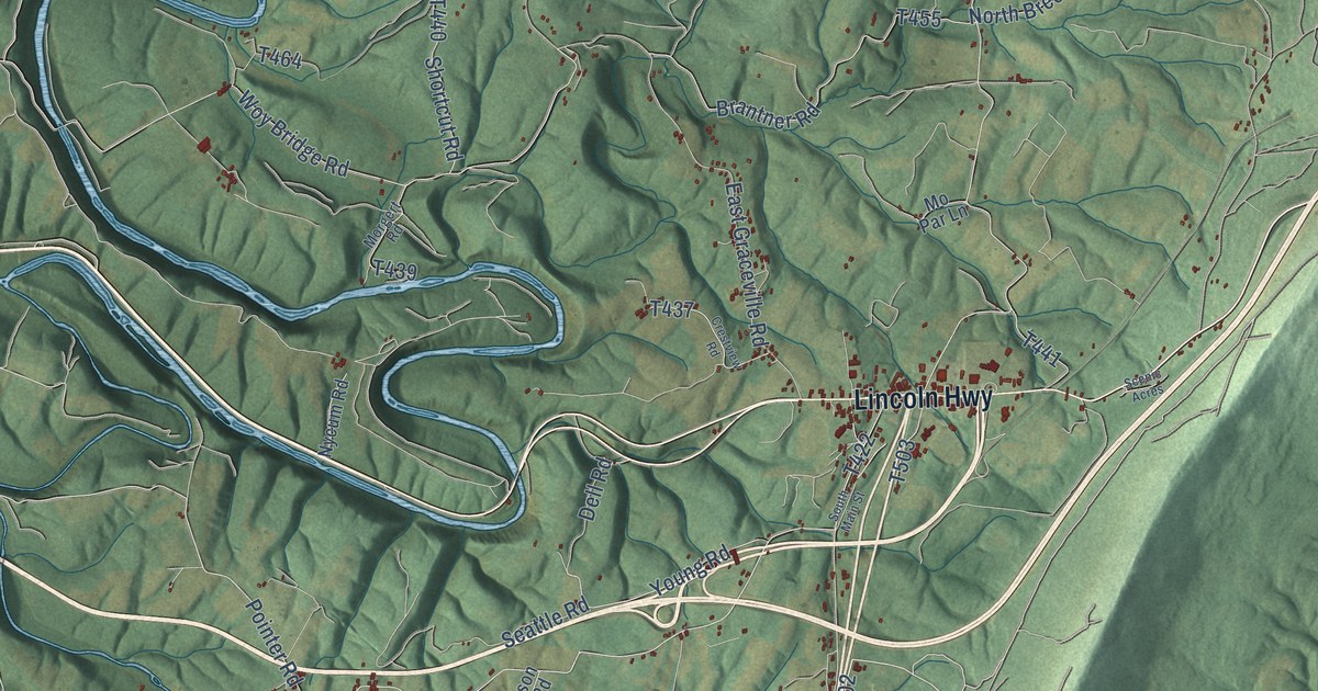 Close-up of streets and buildings in Breezewood, Pennsylvania