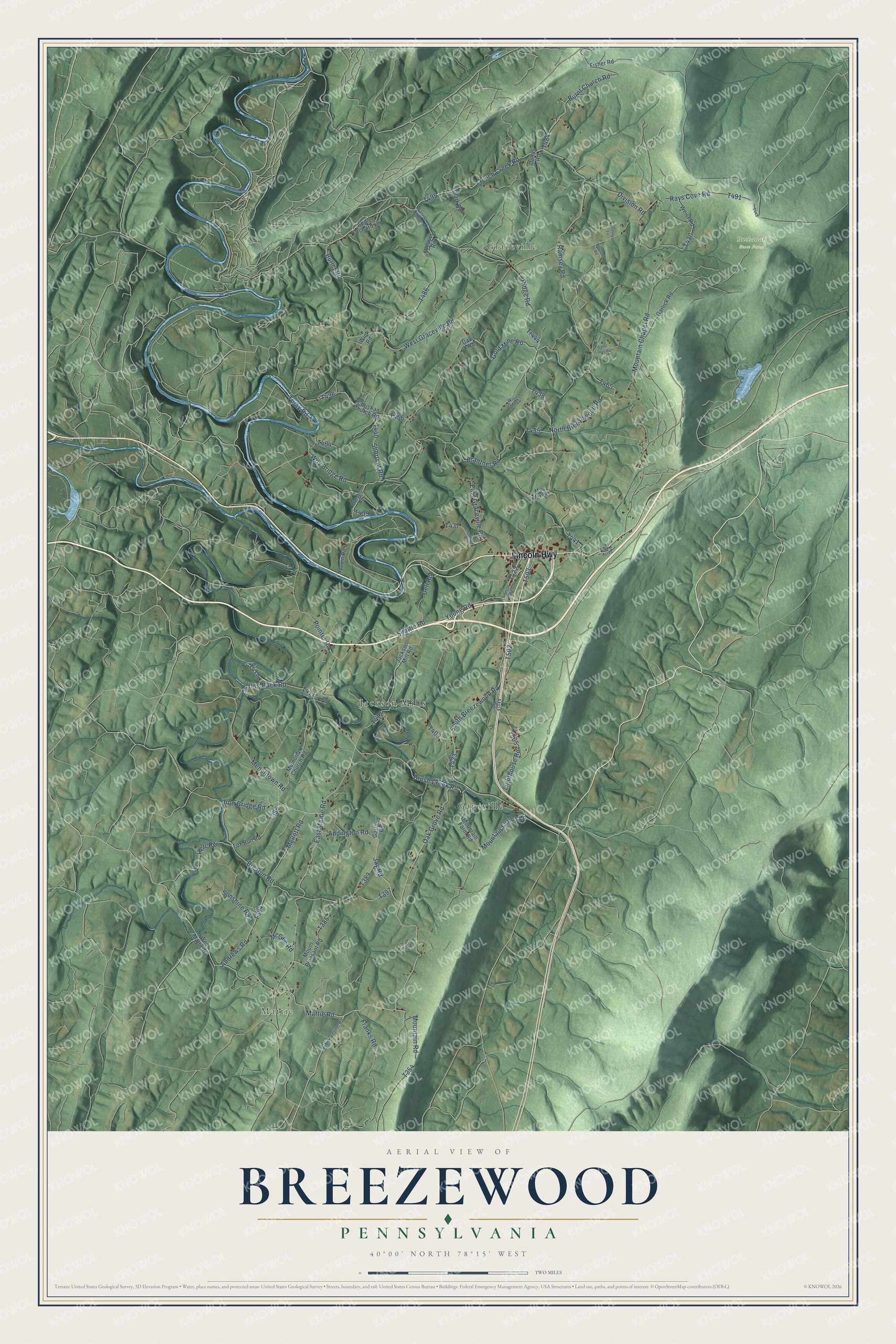 Full map of Breezewood, Pennsylvania, with red buildings, printed street names and the land around them