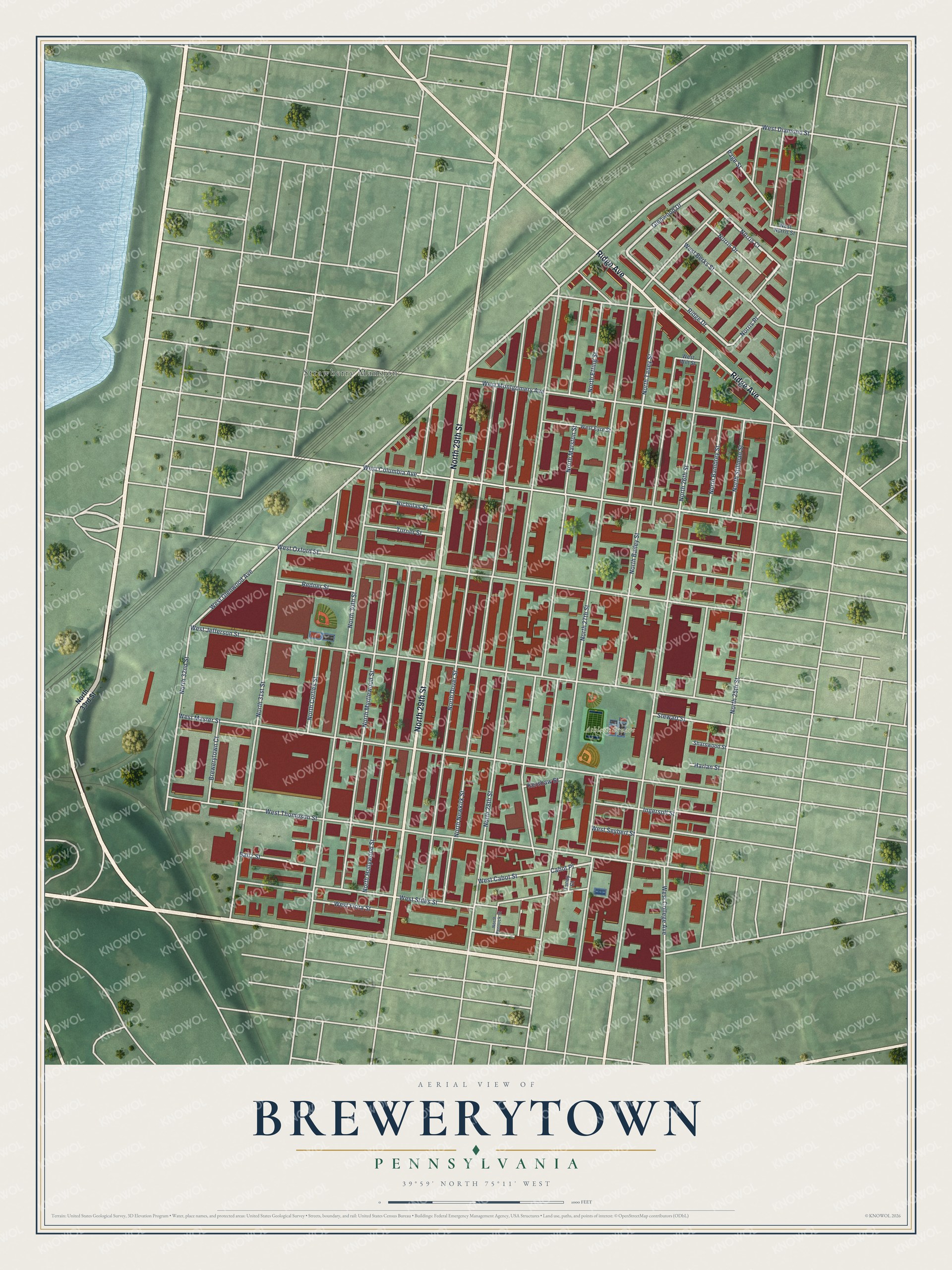 Full map of Brewerytown, Pennsylvania, with red buildings, printed street names and the land around them