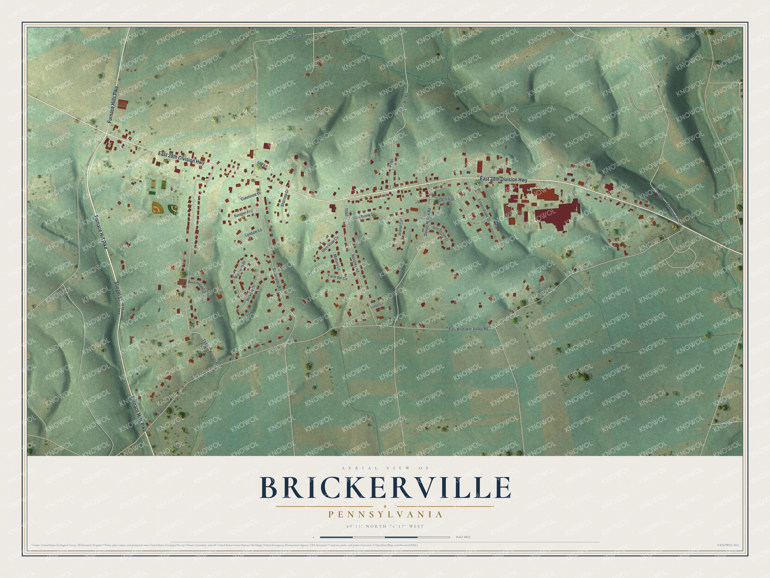 Full map of Brickerville, Pennsylvania, with red buildings, printed street names and the land around them