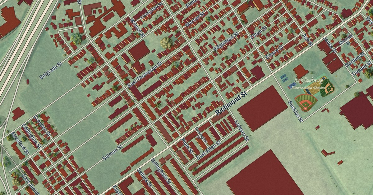 Close-up of streets and buildings in Bridesburg, Pennsylvania