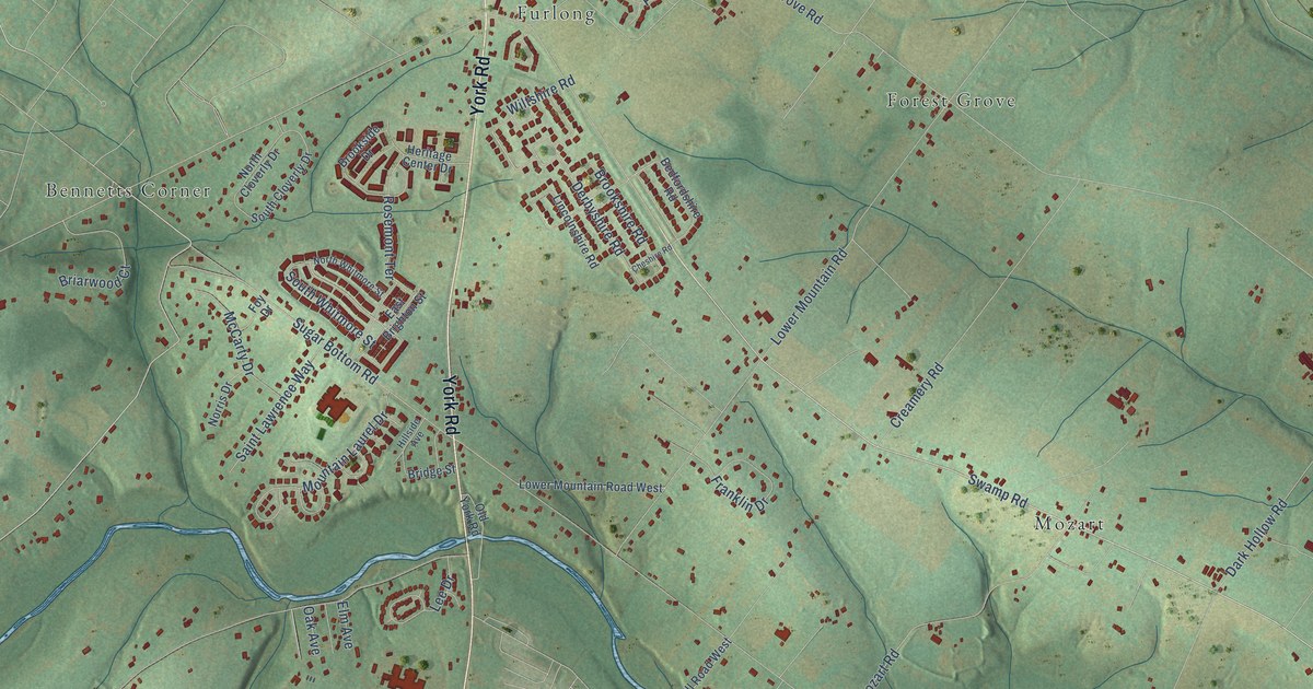 Close-up of streets and buildings in Bridge Valley, Pennsylvania