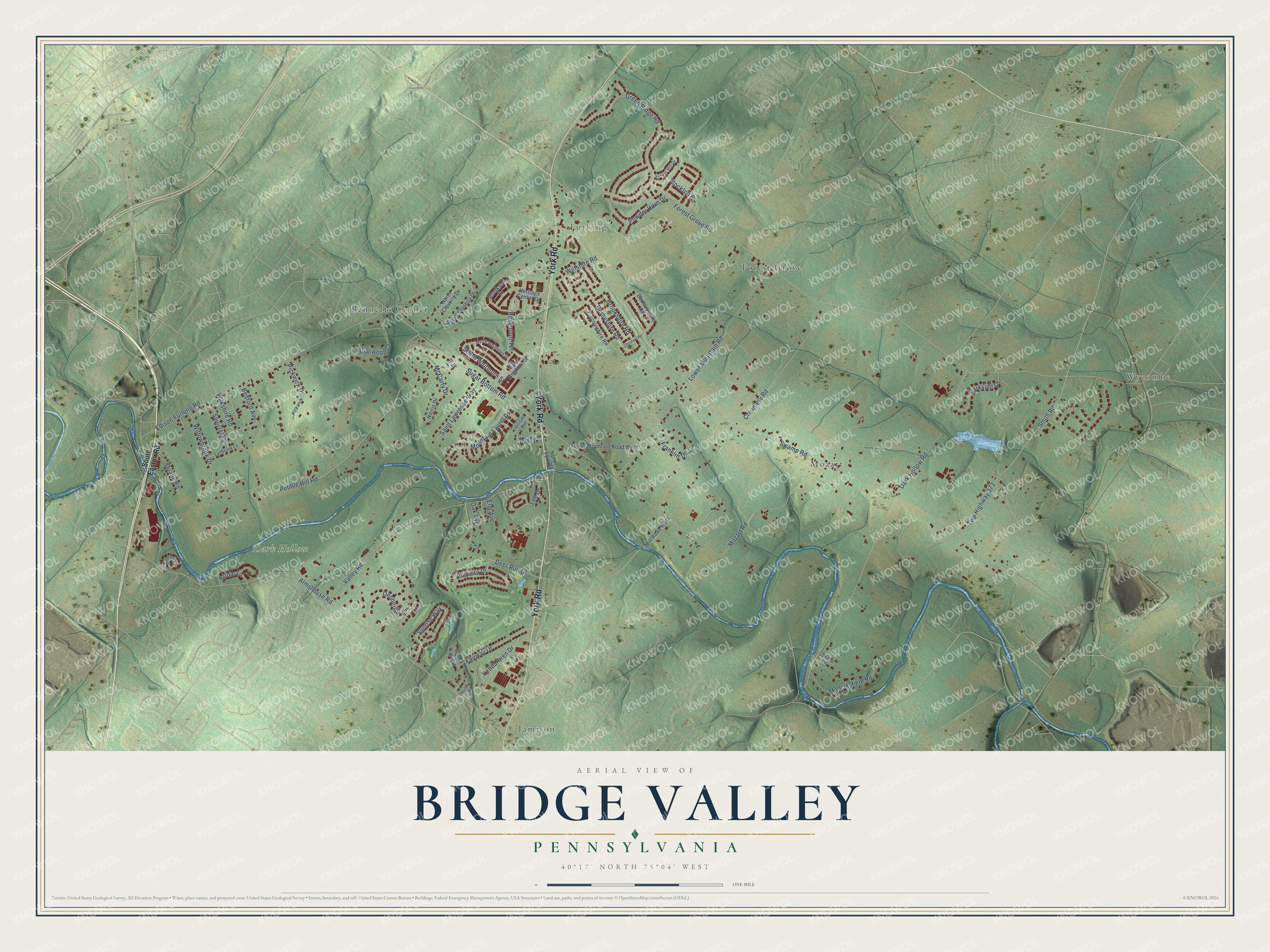 Full map of Bridge Valley, Pennsylvania, with red buildings, printed street names and the land around them