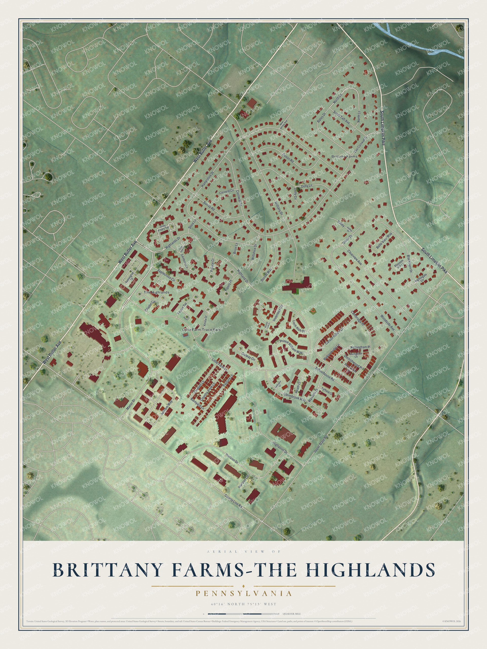 Full map of Brittany Farms-The Highlands, Pennsylvania, with red buildings, printed street names and the land around them