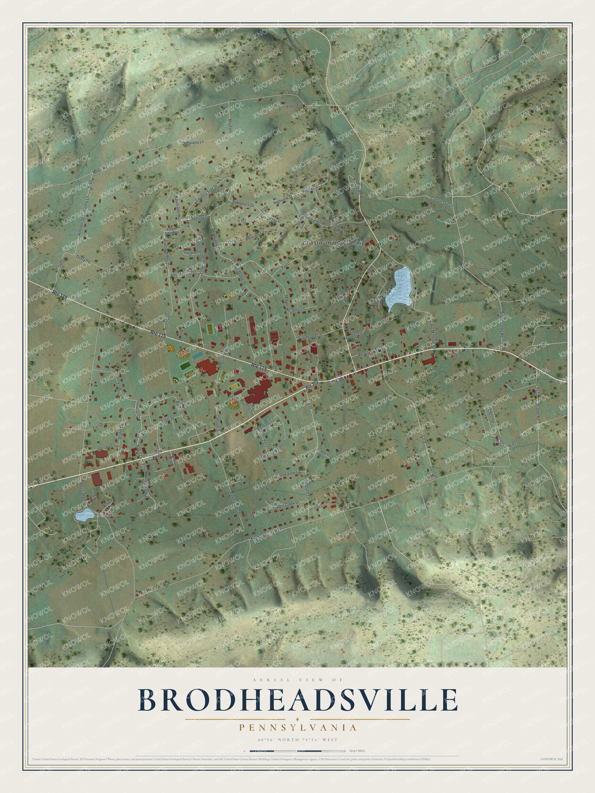 Full map of Brodheadsville, Pennsylvania, with red buildings, printed street names and the land around them