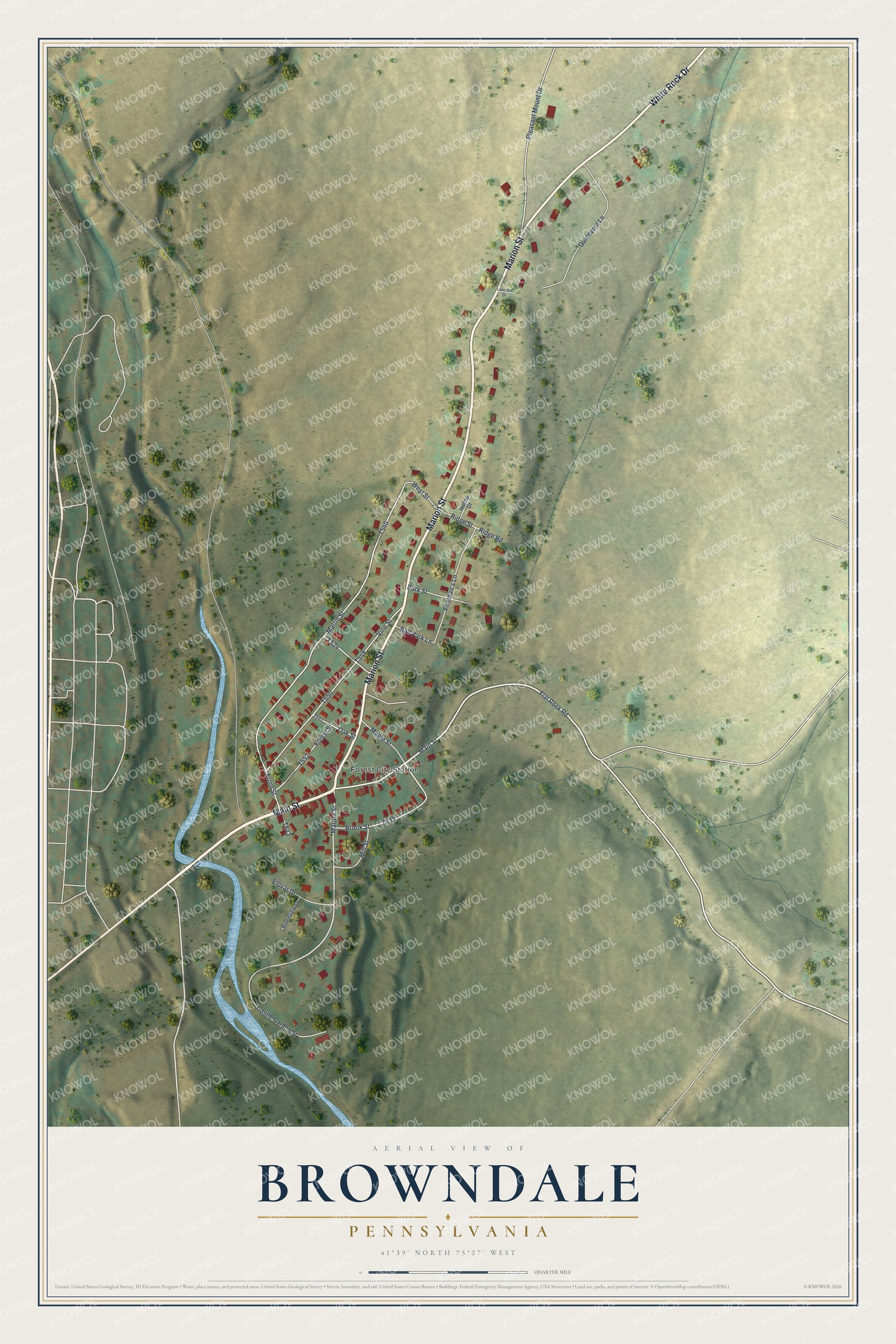 Full map of Browndale, Pennsylvania, with red buildings, printed street names and the land around them
