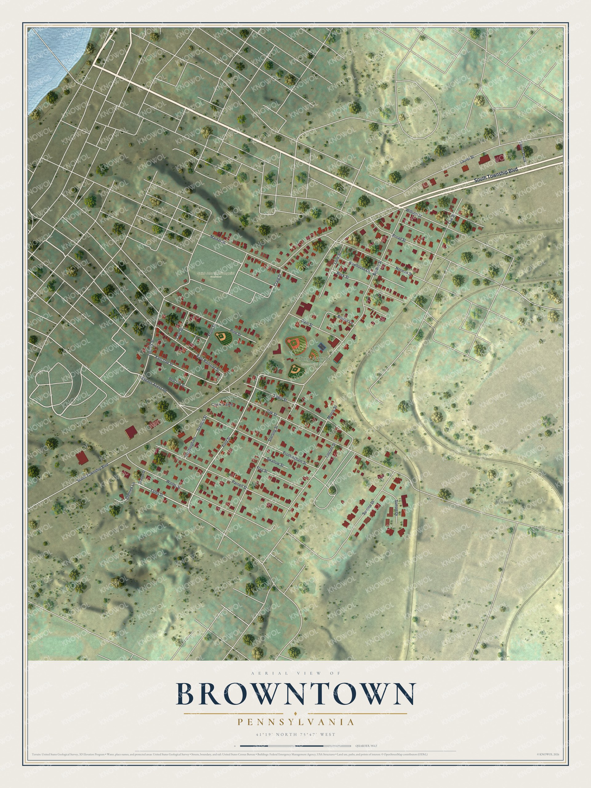 Full map of Browntown, Pennsylvania, with red buildings, printed street names and the land around them