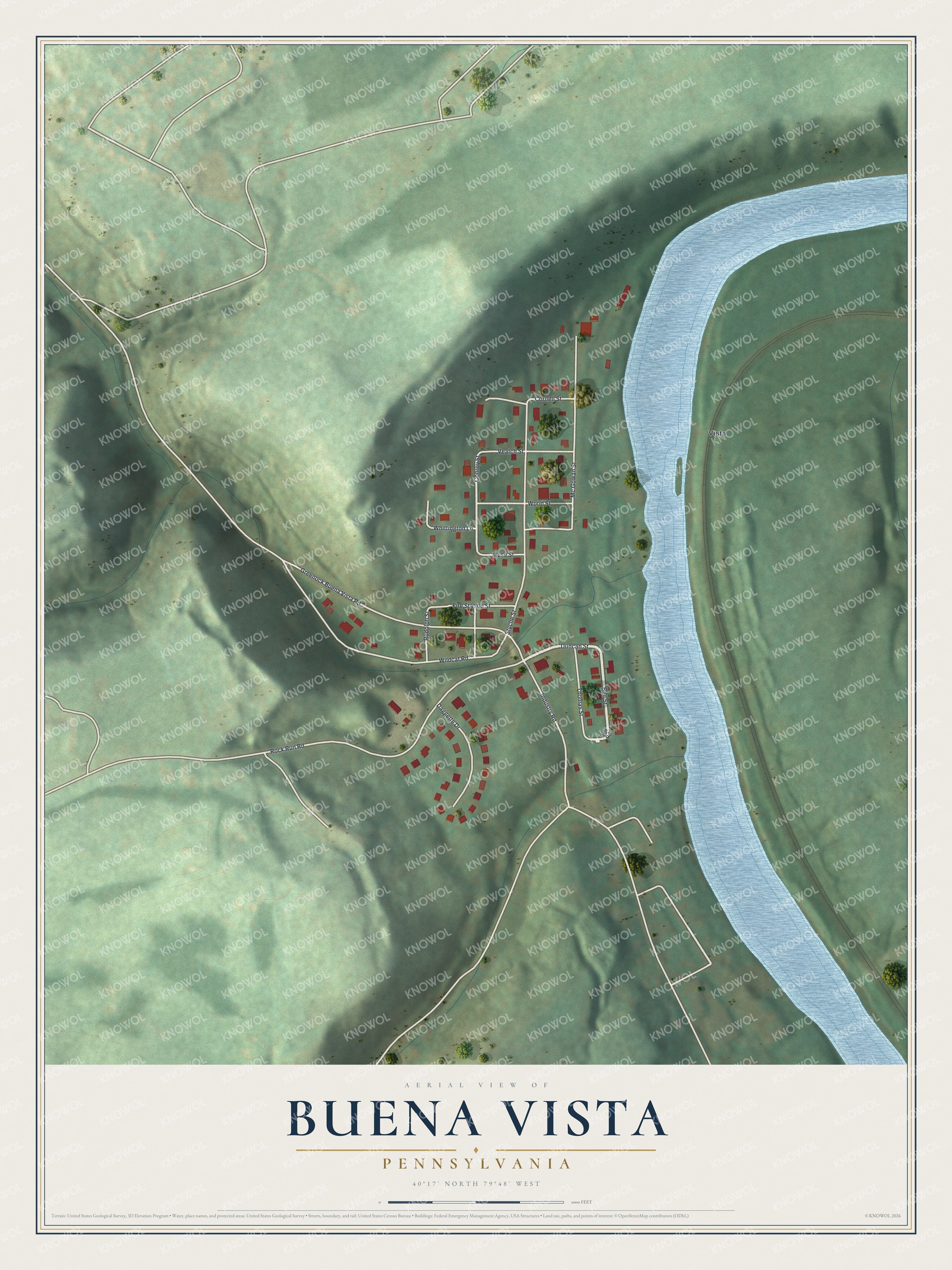Full map of Buena Vista, Pennsylvania, with red buildings, printed street names and the land around them