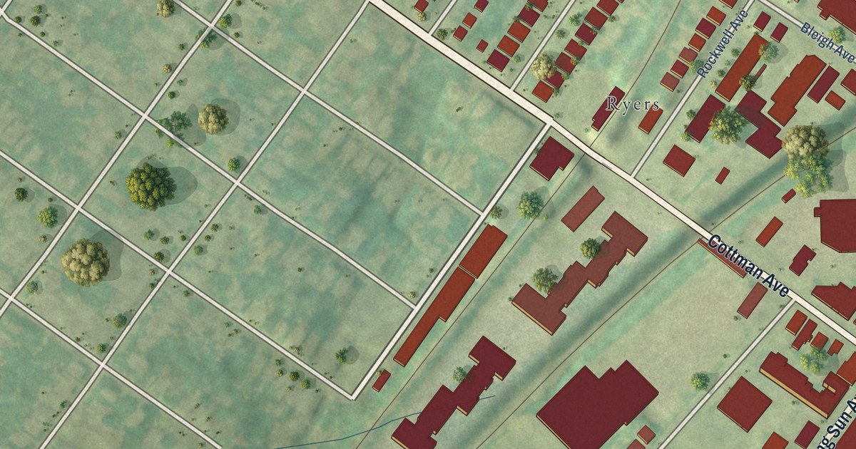 Close-up of streets and buildings in Burholme, Pennsylvania