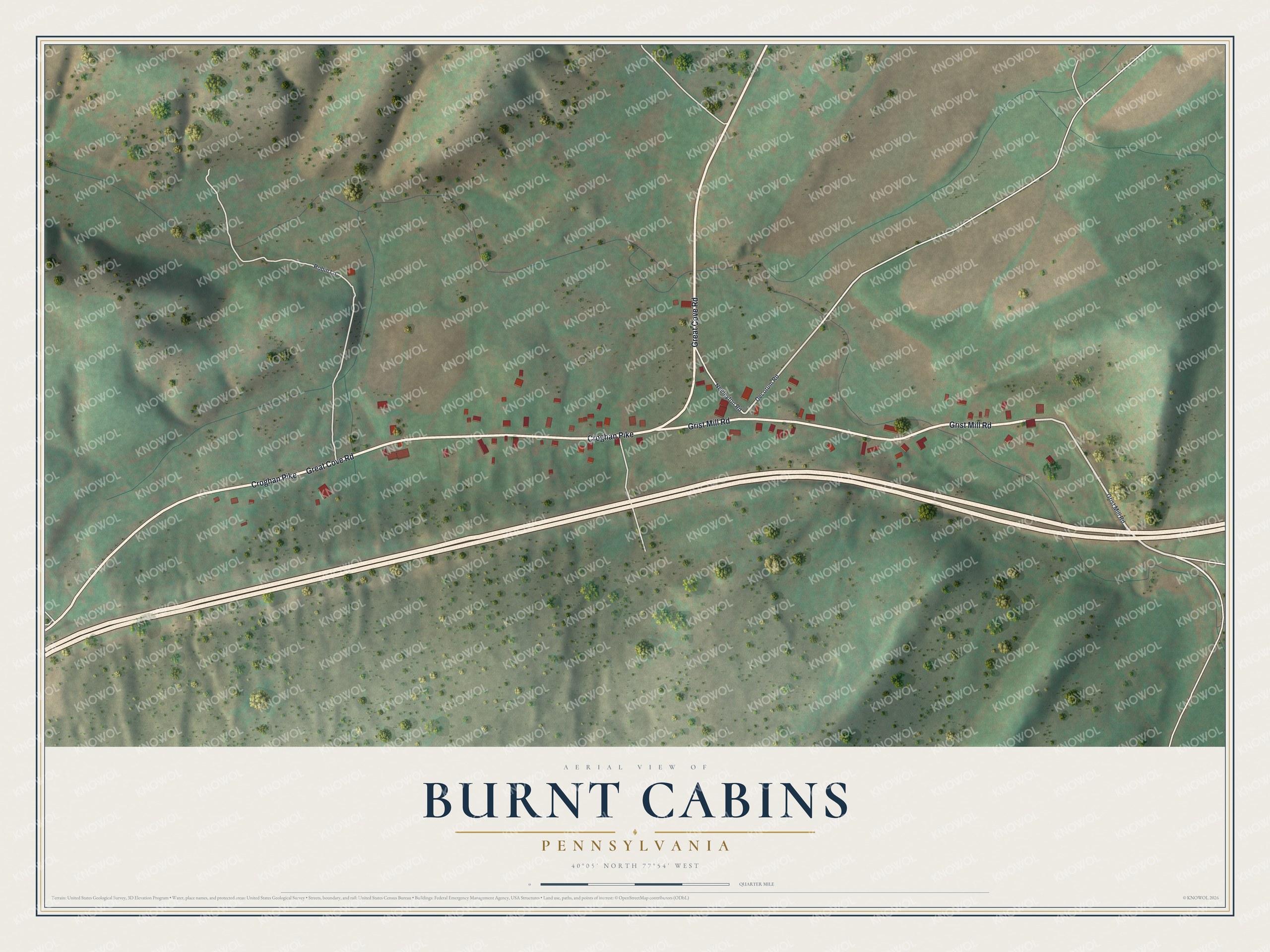 Full map of Burnt Cabins, Pennsylvania, with red buildings, printed street names and the land around them