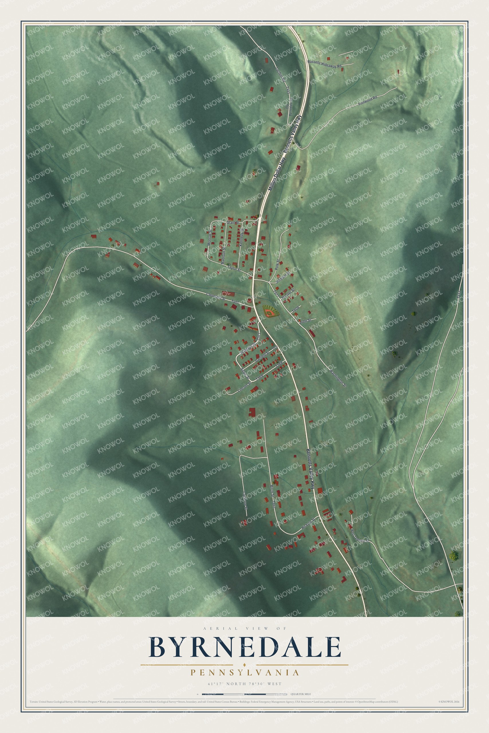 Full map of Byrnedale, Pennsylvania, with red buildings, printed street names and the land around them