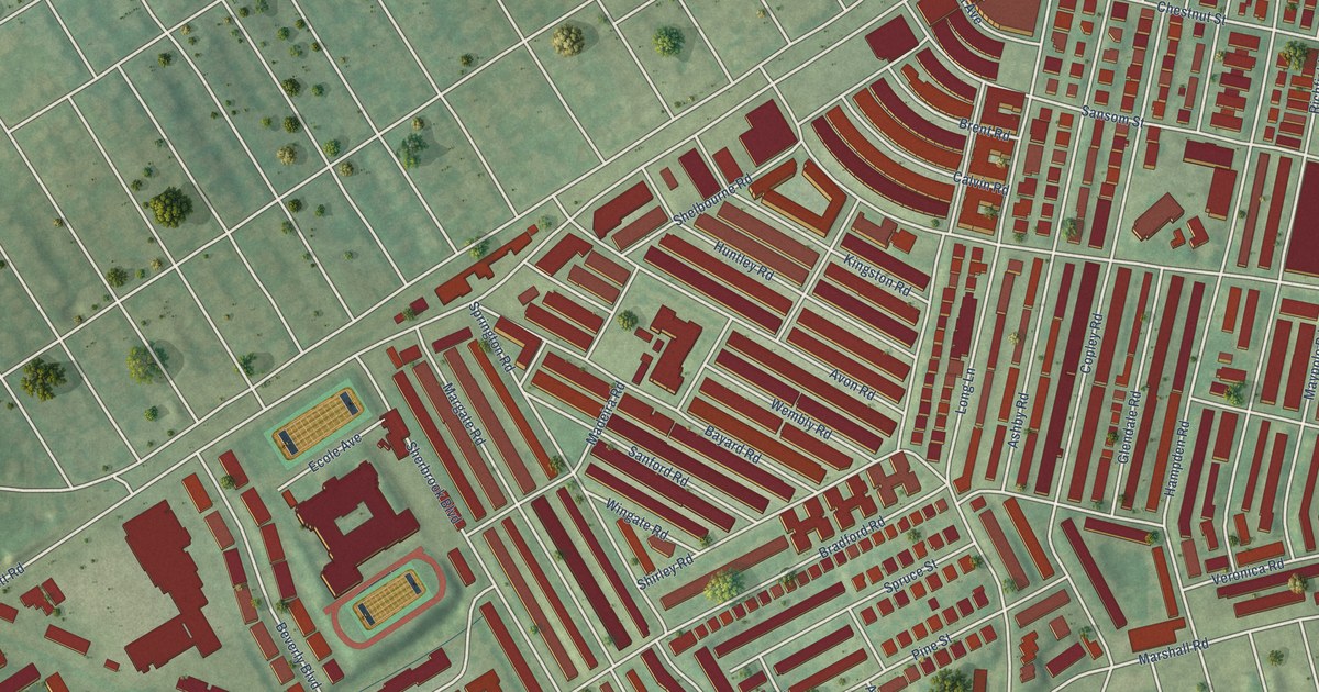 Close-up of streets and buildings in Bywood, Pennsylvania