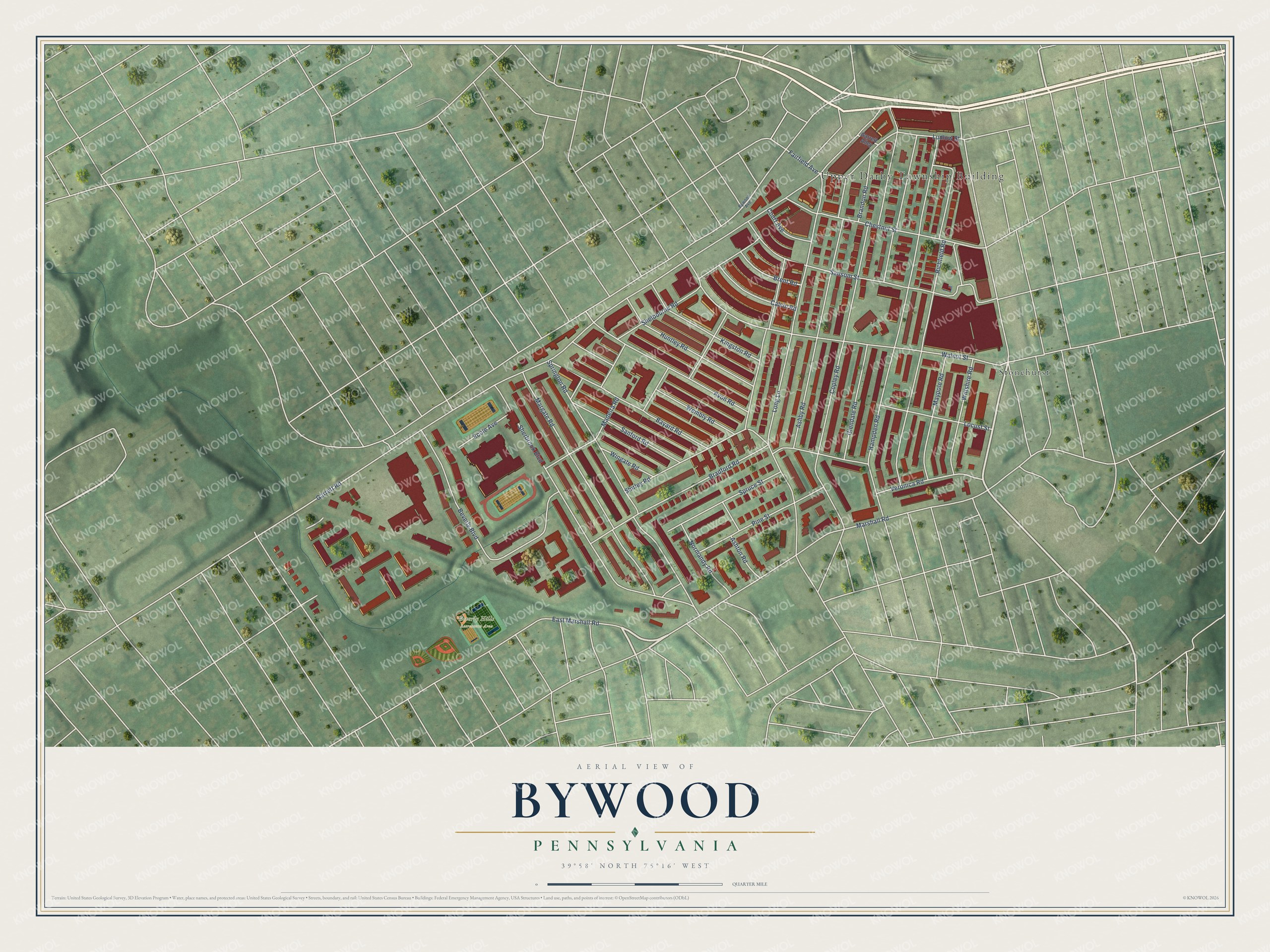 Full map of Bywood, Pennsylvania, with red buildings, printed street names and the land around them