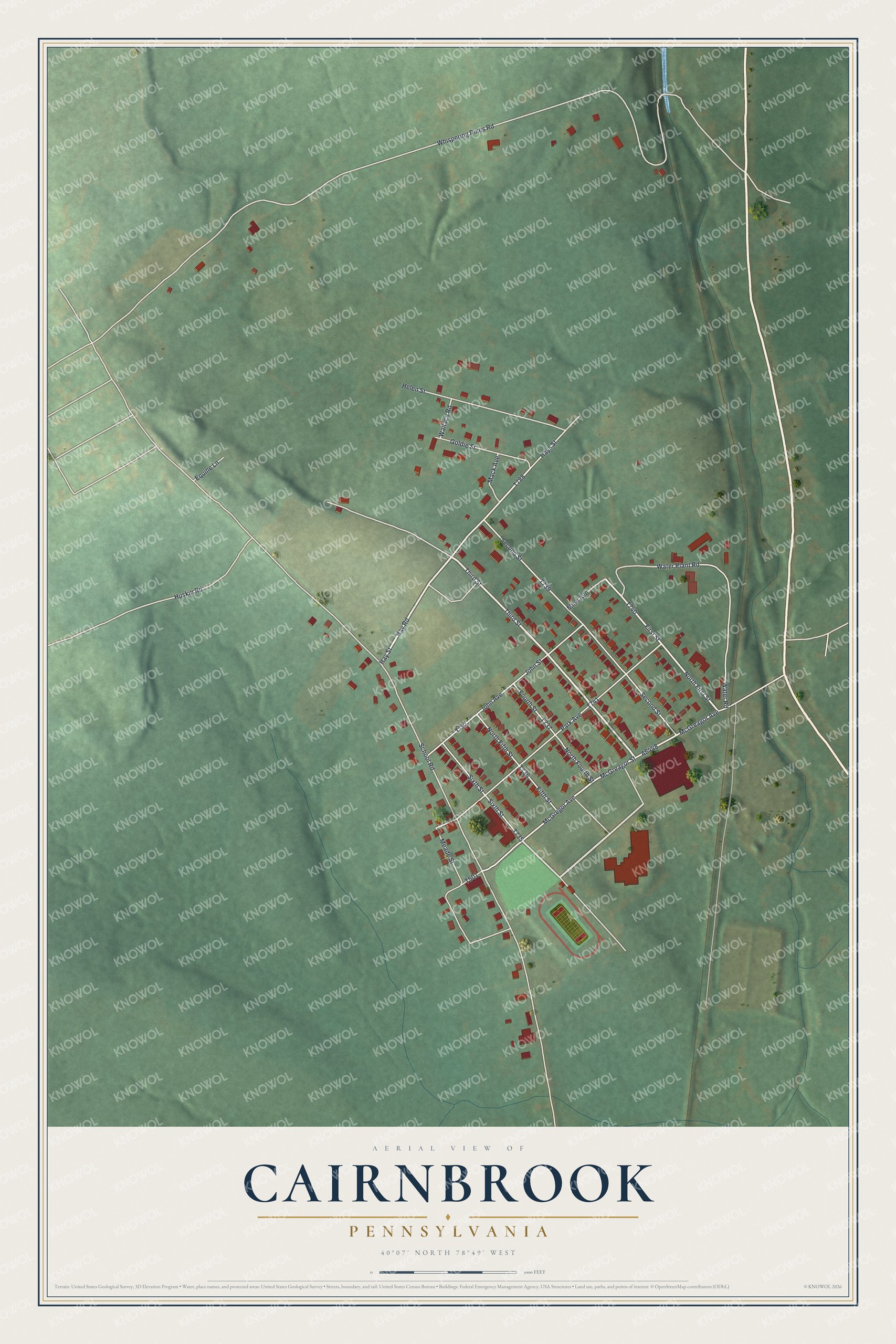 Full map of Cairnbrook, Pennsylvania, with red buildings, printed street names and the land around them