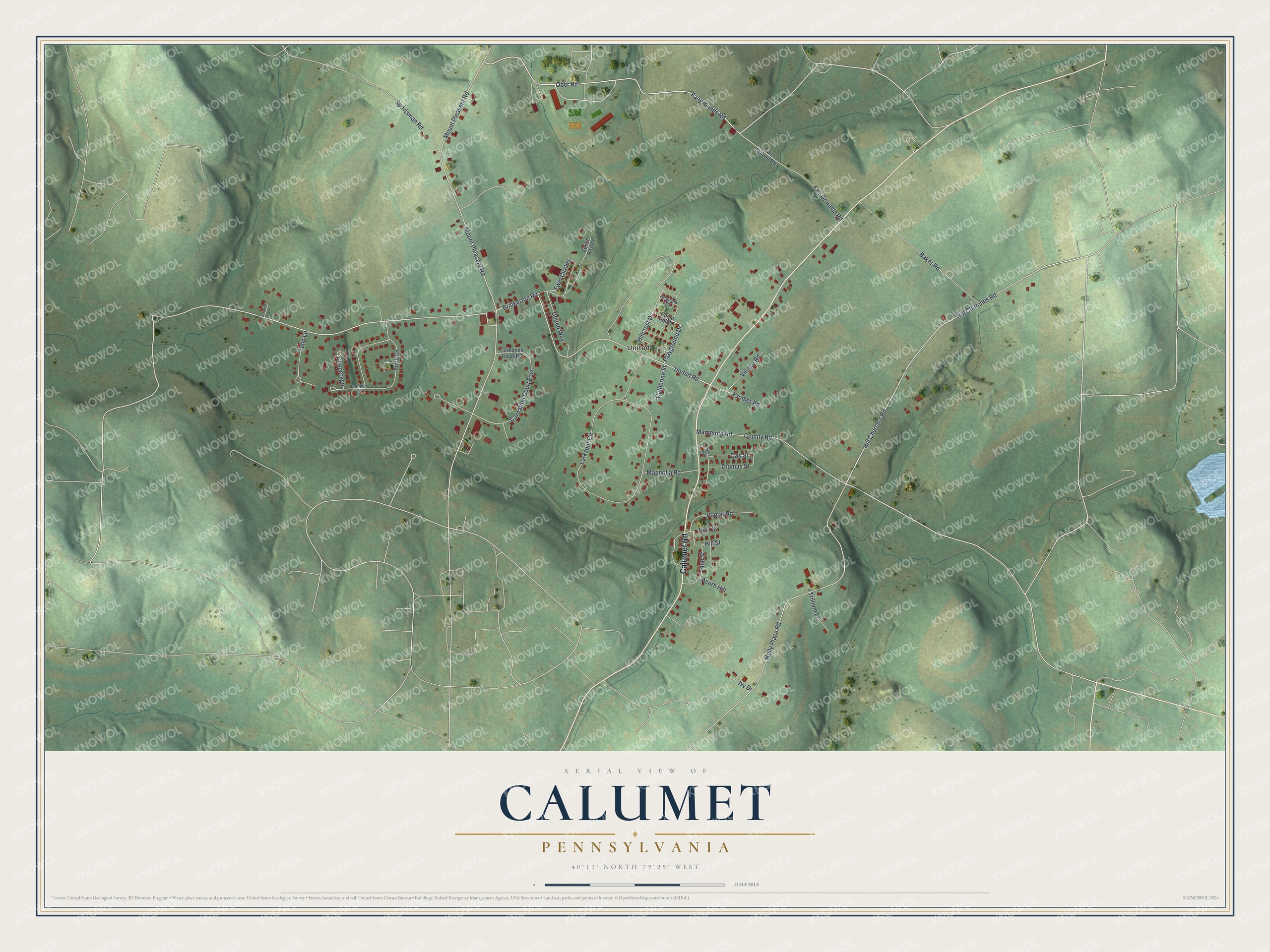 Full map of Calumet, Pennsylvania, with red buildings, printed street names and the land around them