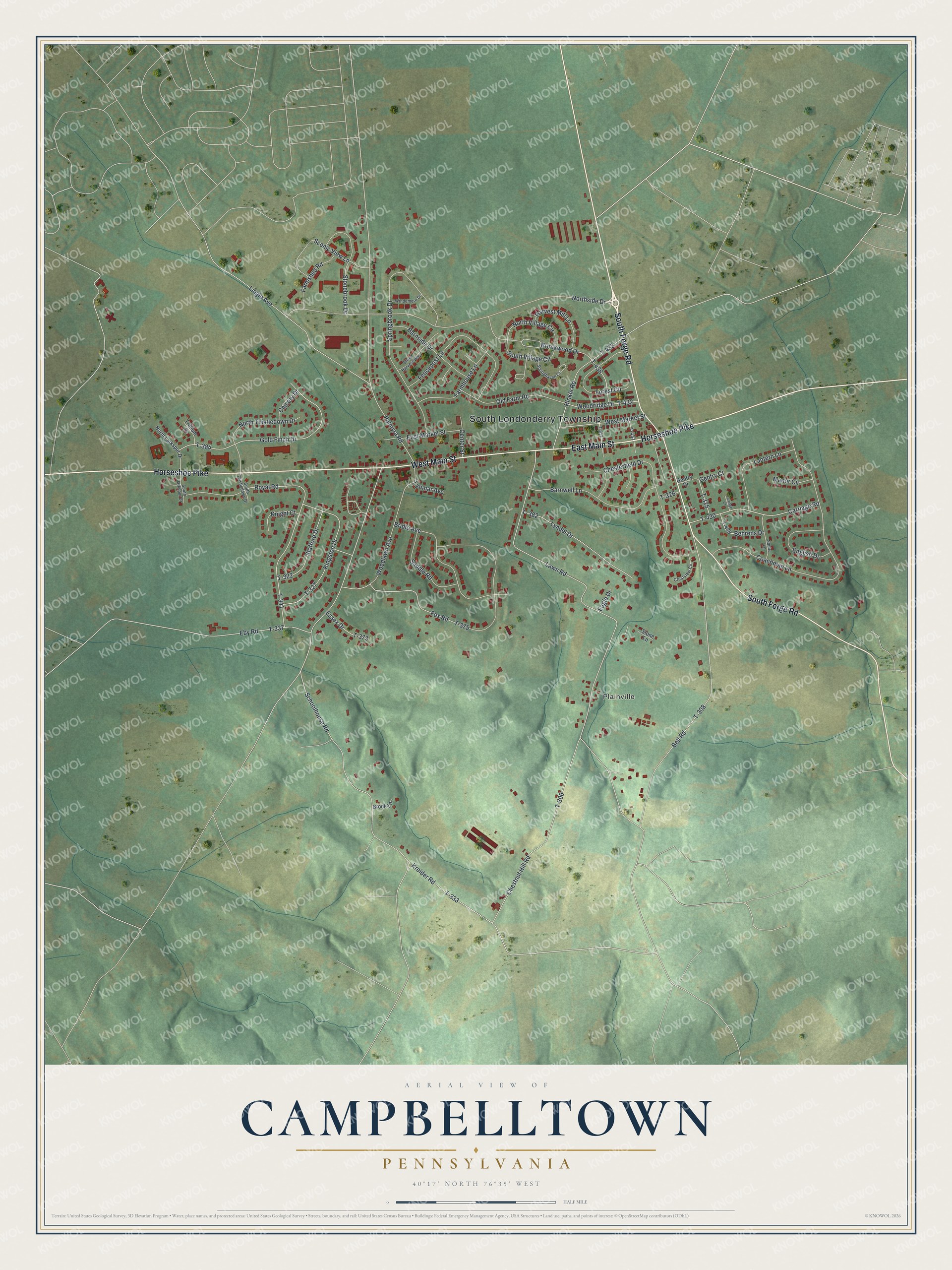 Full map of Campbelltown, Pennsylvania, with red buildings, printed street names and the land around them