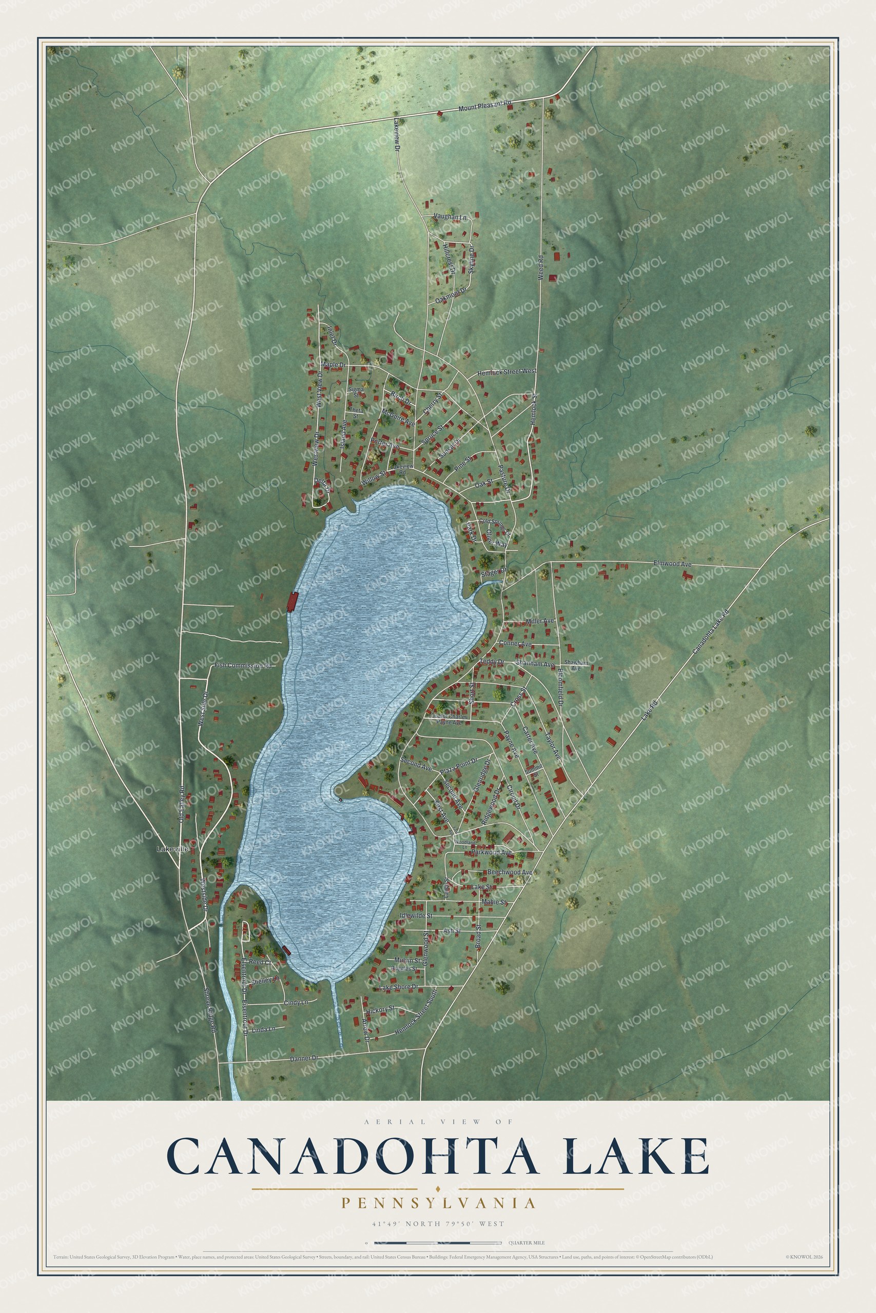 Full map of Canadohta Lake, Pennsylvania, with red buildings, printed street names and the land around them