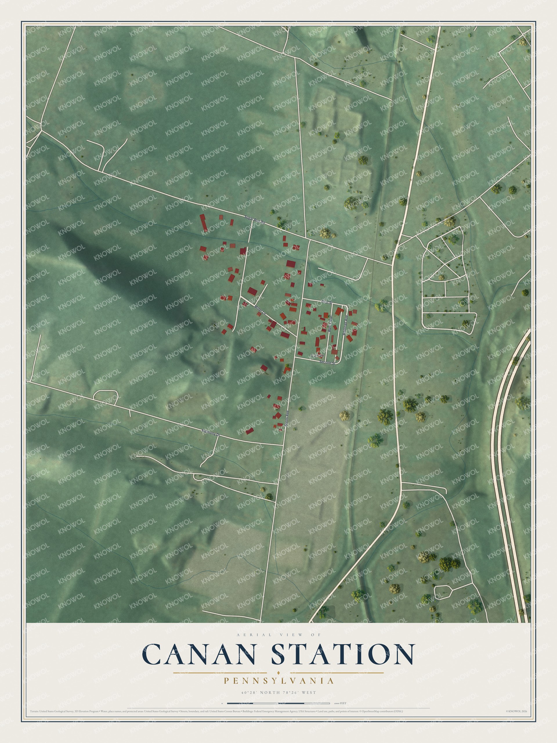 Full map of Canan Station, Pennsylvania, with red buildings, printed street names and the land around them