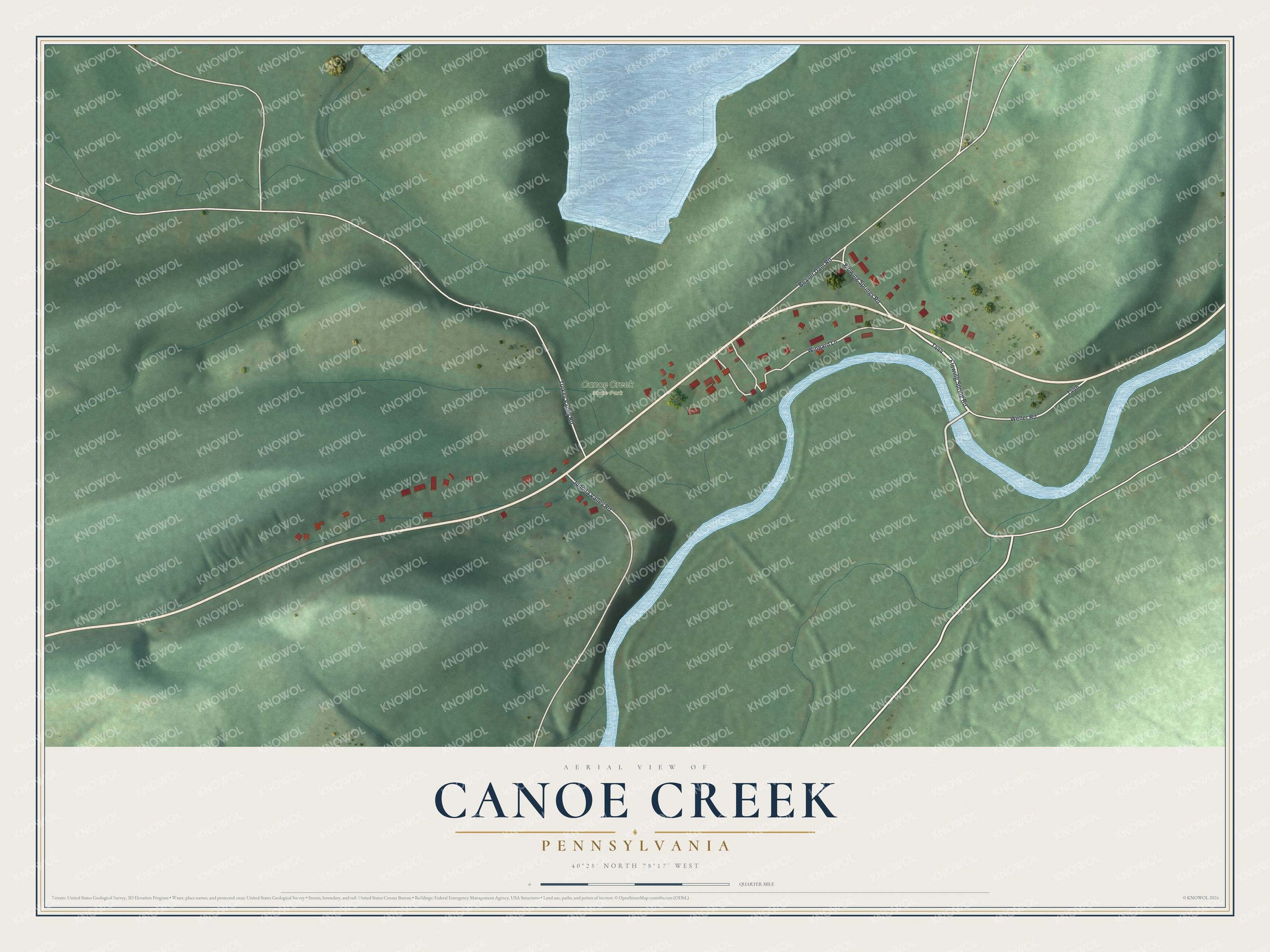 Full map of Canoe Creek, Pennsylvania, with red buildings, printed street names and the land around them