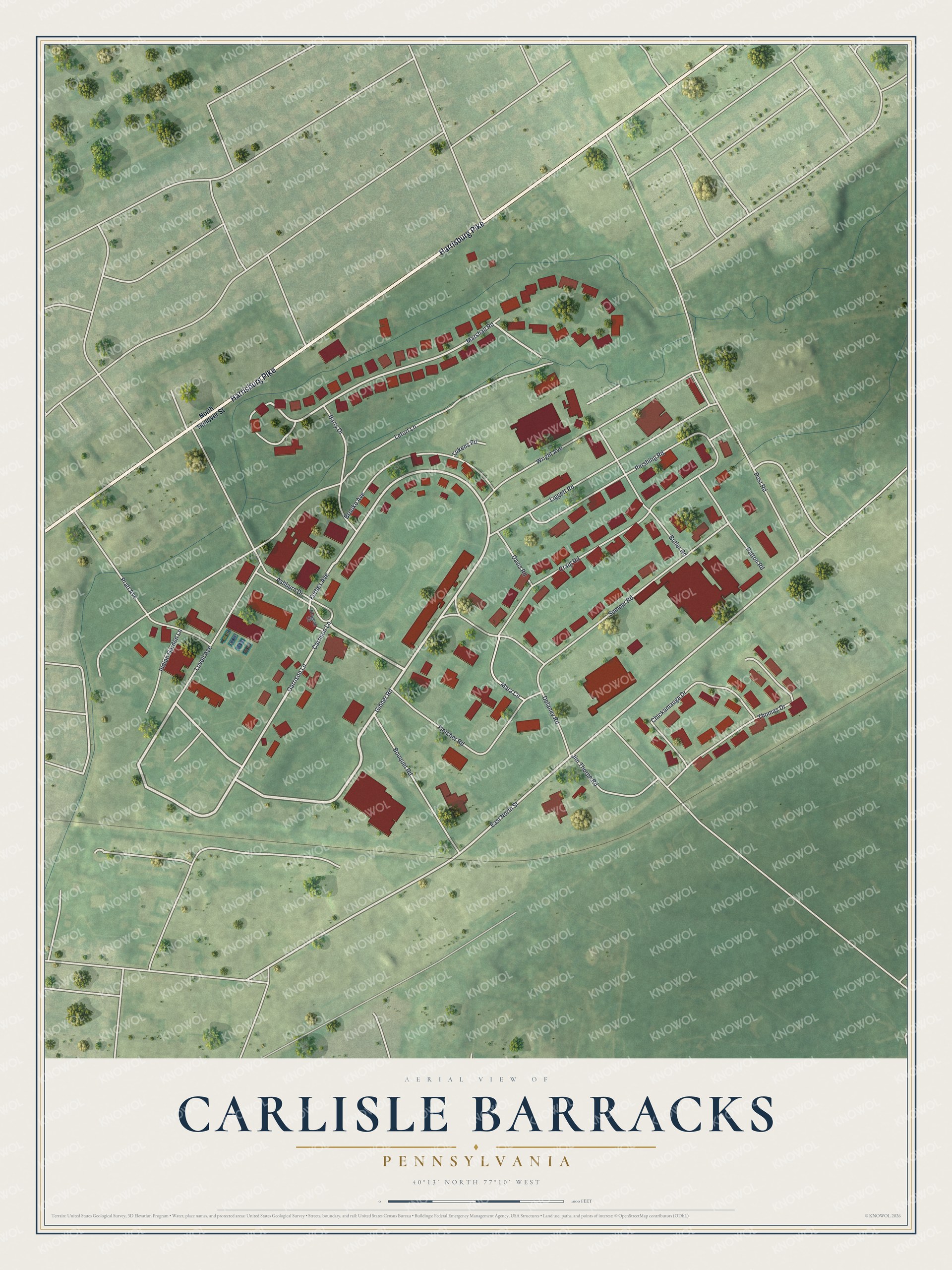 Full map of Carlisle Barracks, Pennsylvania, with red buildings, printed street names and the land around them